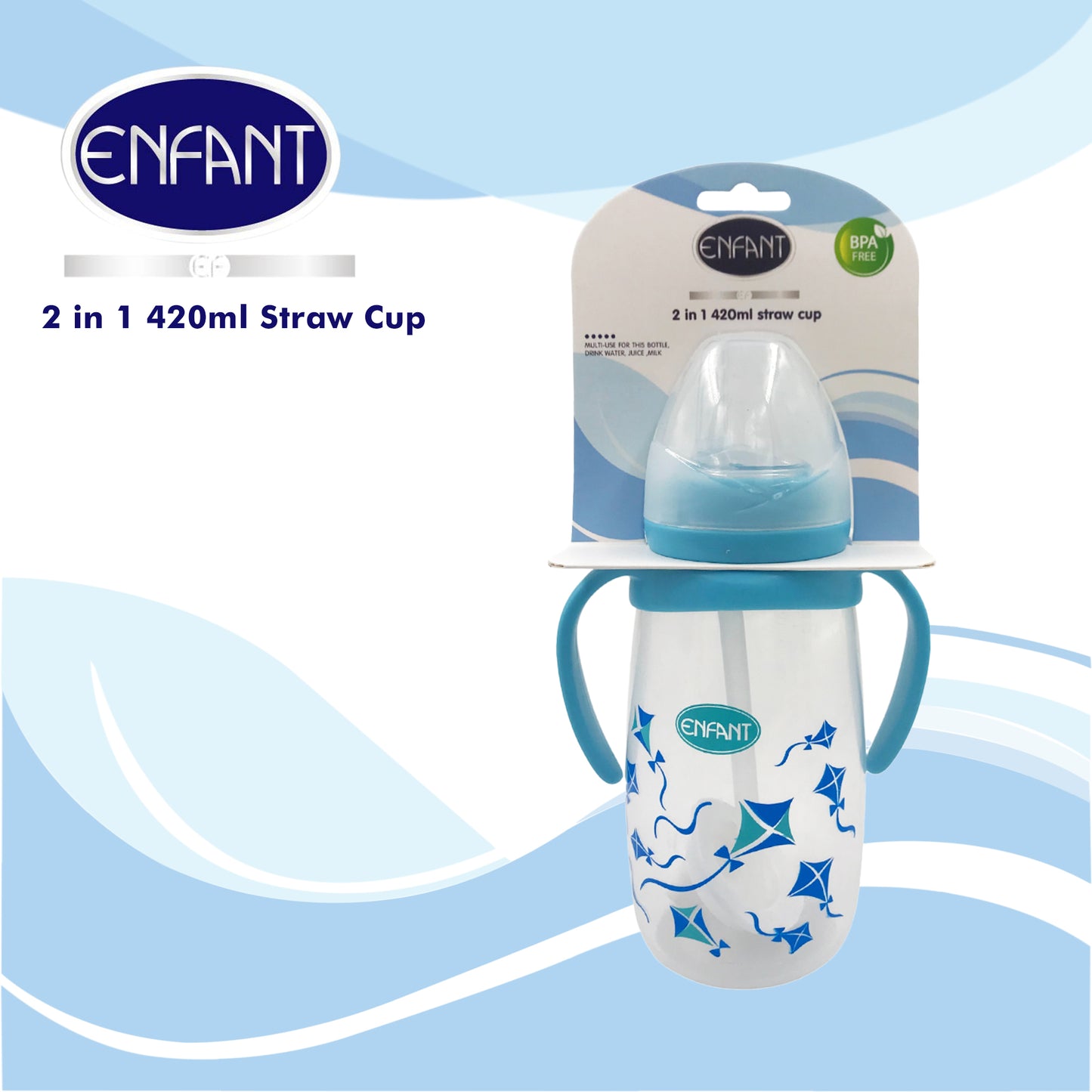 Enfant 2 in 1 420ml / 14 oz Drinking Bottle Spout + / Straw Cup With Handle (Blue/ Pink)