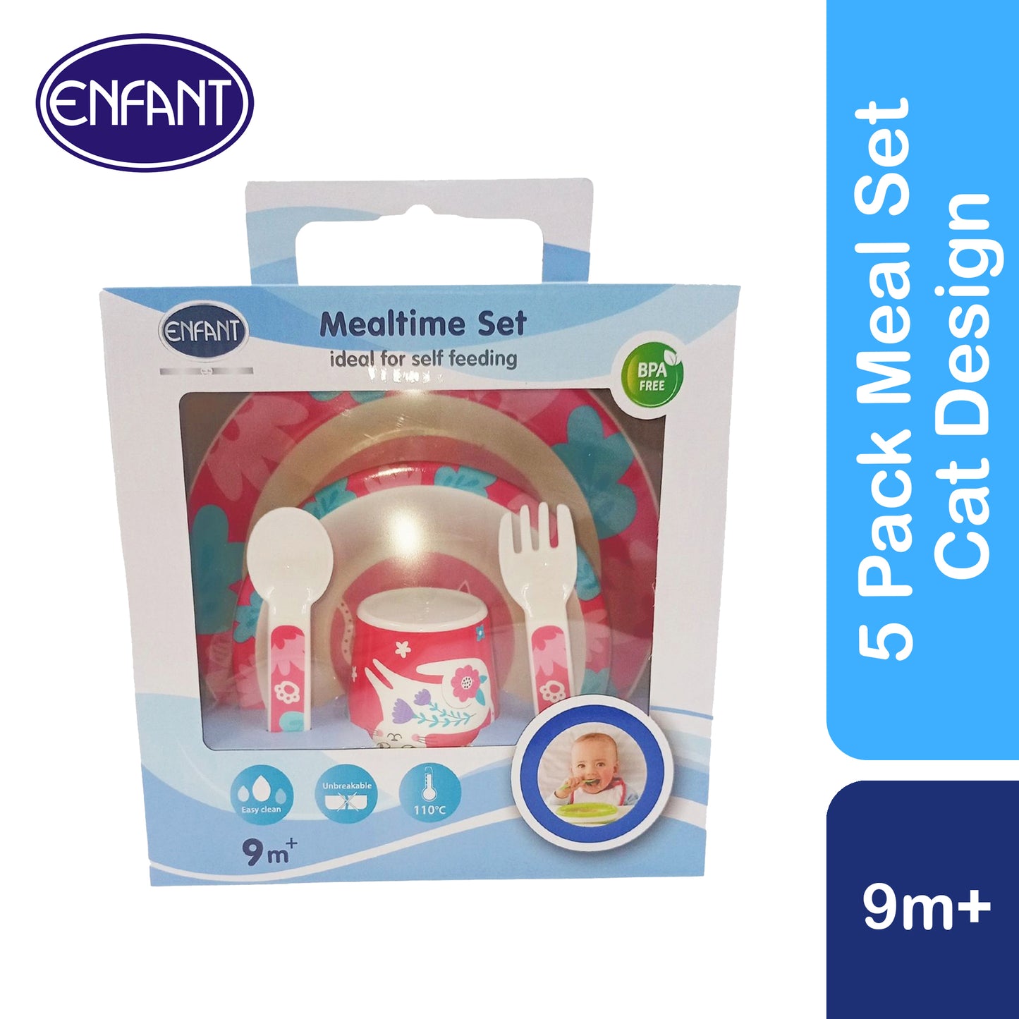 ENFANT BABY MEAL TIME FEEDING SET - toddler spoon, fork, plate, bowl, cup set. Perfect for Gift