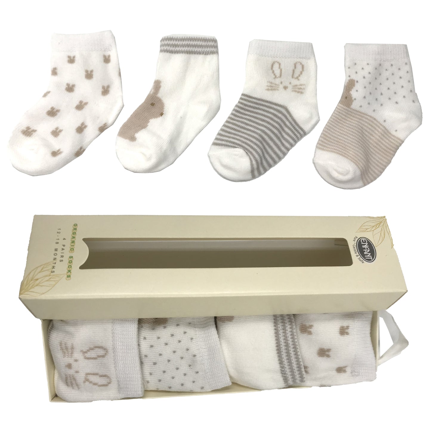 ENFANT ORGANIC SOCKS BABY SOCKS WHITE RABBIT DESIGN FOR 0-6/ 6-12/ 12-18 (4 PAIRS )