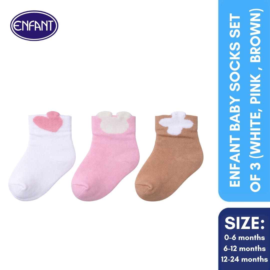 Enfant Baby Socks Set of 3 (white, pink , brown)