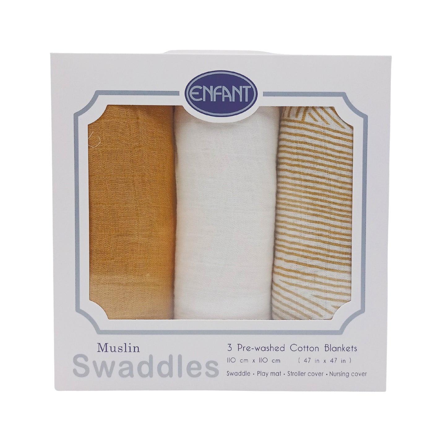 Enfant Baby Muslin Swaddle Set of 3 -Large Multipurpose Cloth and Blanket 110x110 cm