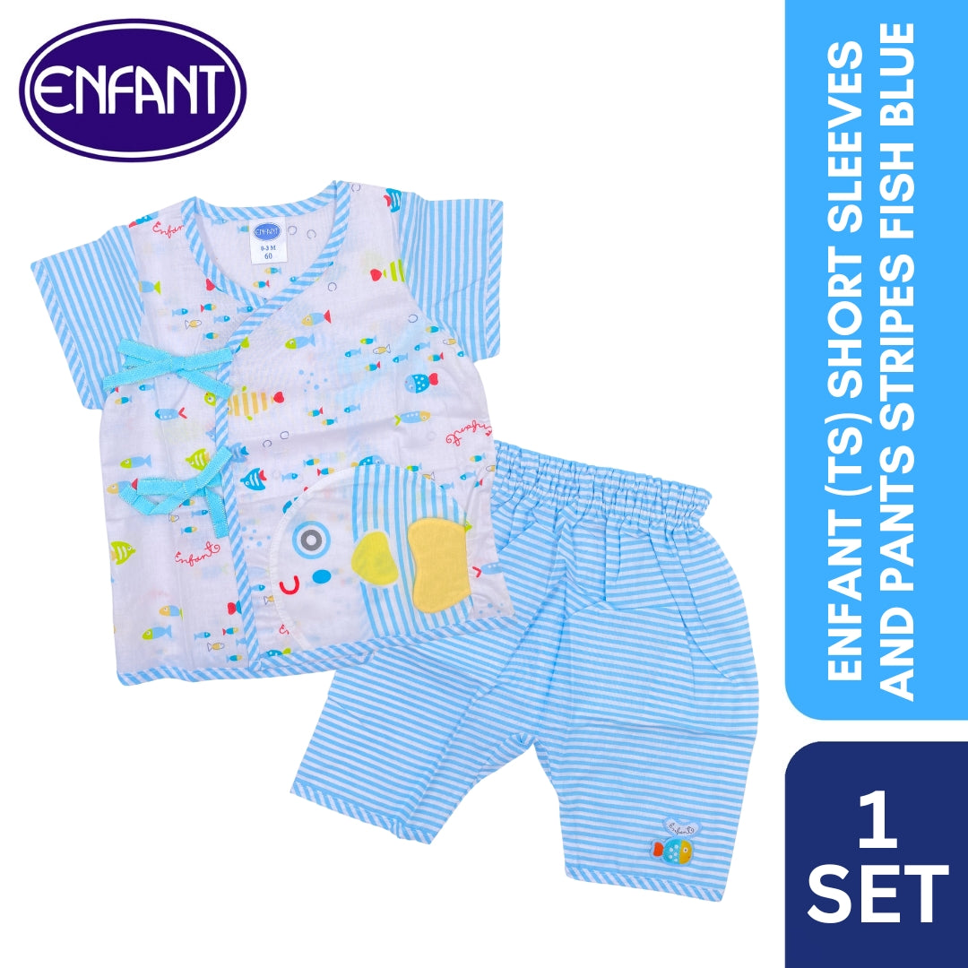 Enfant (TS) Short Sleeves & Pants Stripes Fish Color Pink & blue