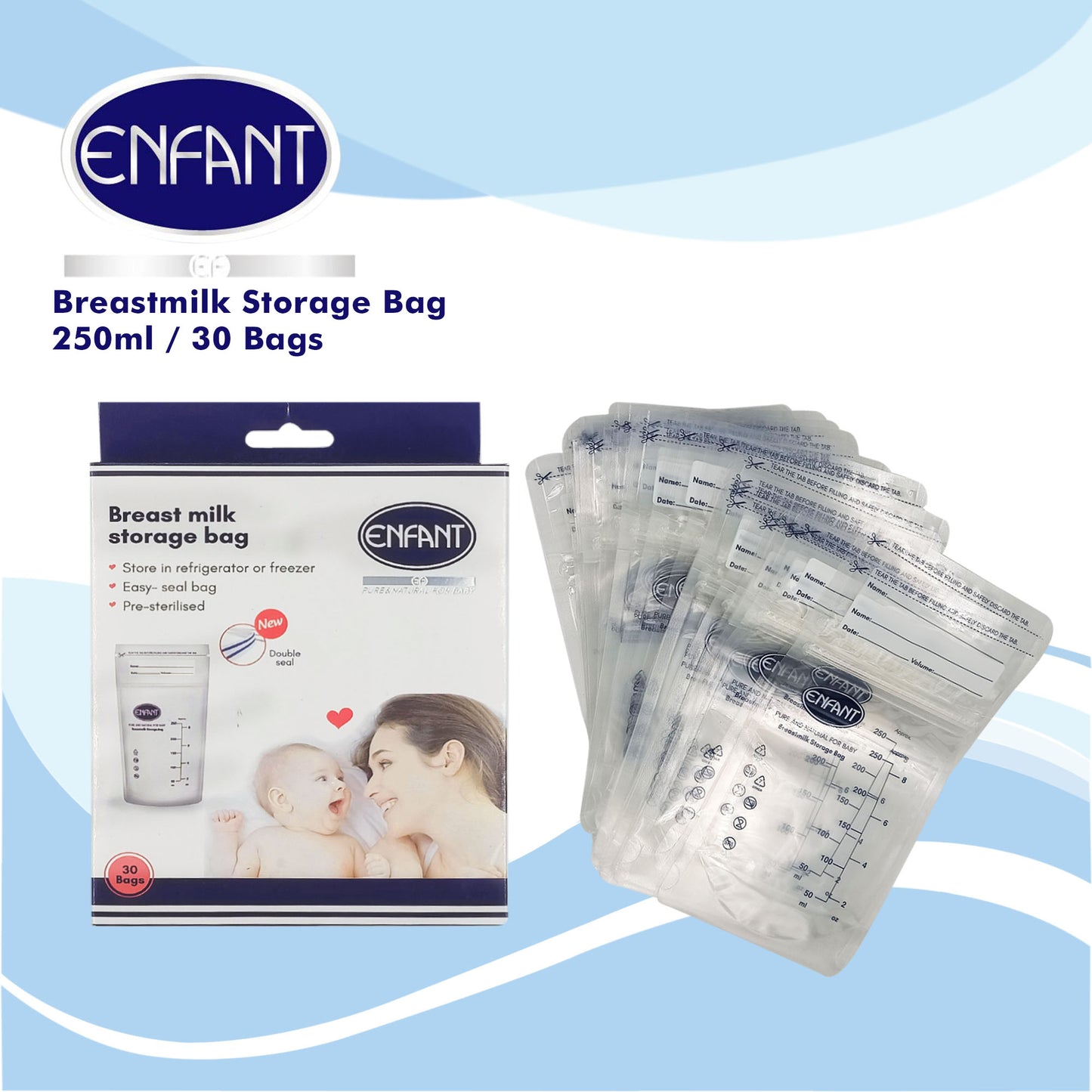 Enfant Breast milk Storage Bag Pouch 250ml / 8 oz Double Seal/ Self Standing 30 bags