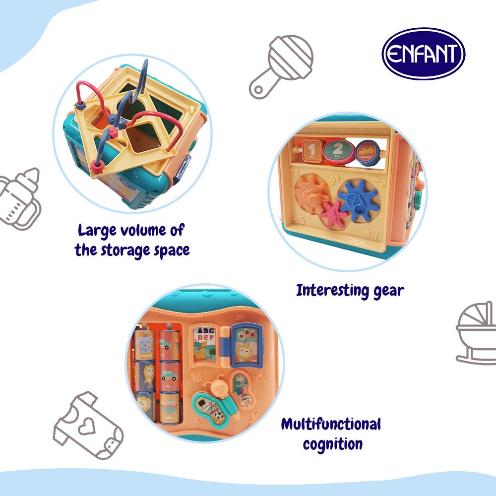 Enfant 7 in 1 square shape geometric fitting boxes., Maze., Hours, Numbers, Rotatable gears