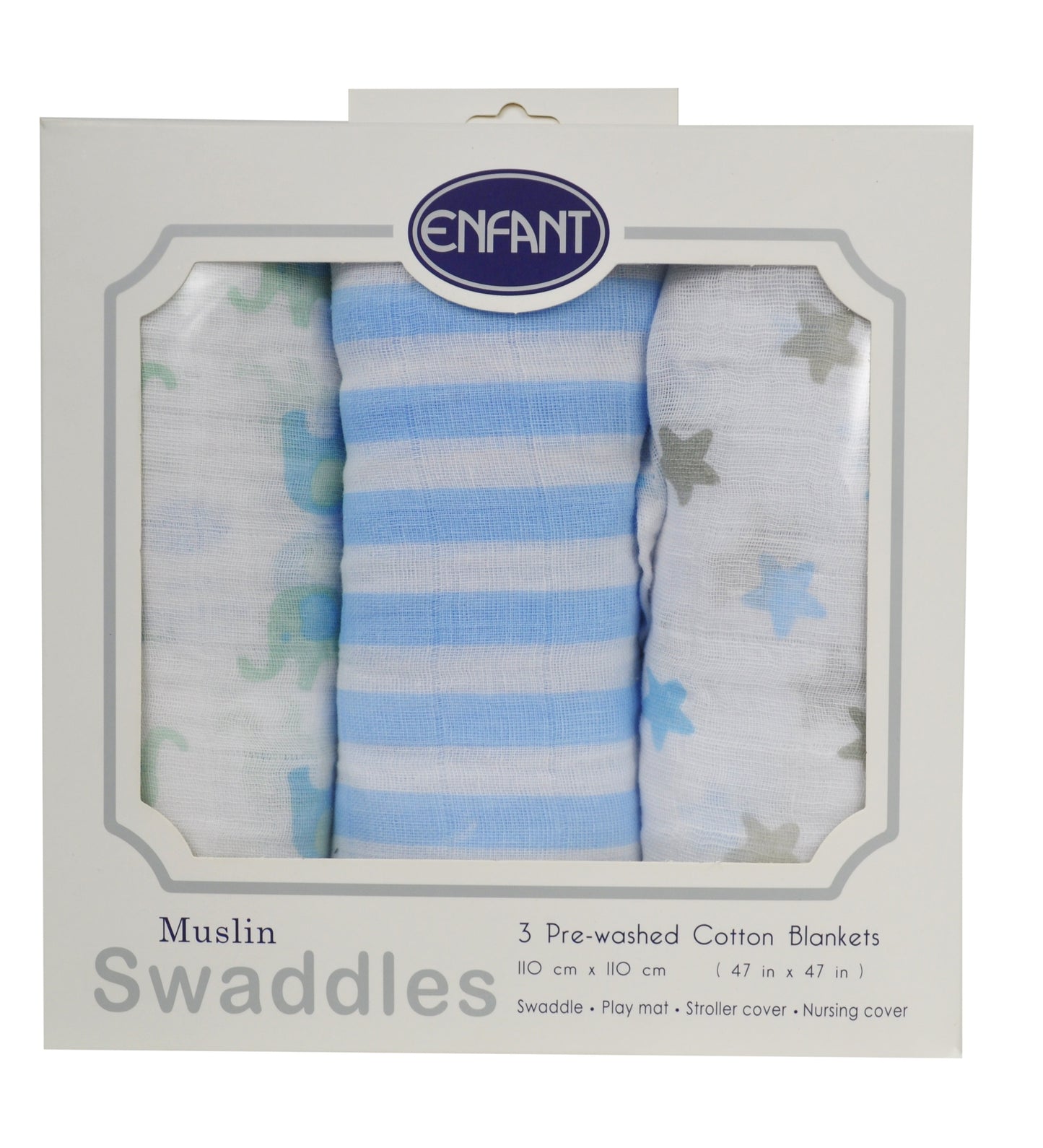 Enfant Baby Muslin Swaddle Set of 3 -Large Multipurpose Cloth and Blanket 110x110 cm