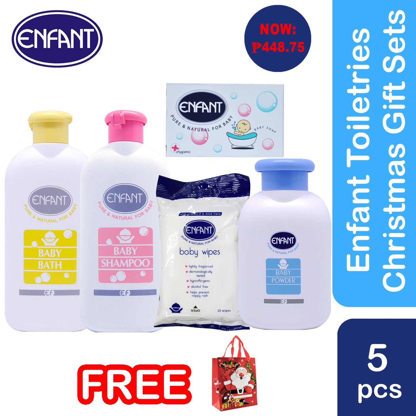 Enfant Toiletries Gift Sets 5pcs with free Paper Bag - baby bath, soap, shampoo powder wipes
