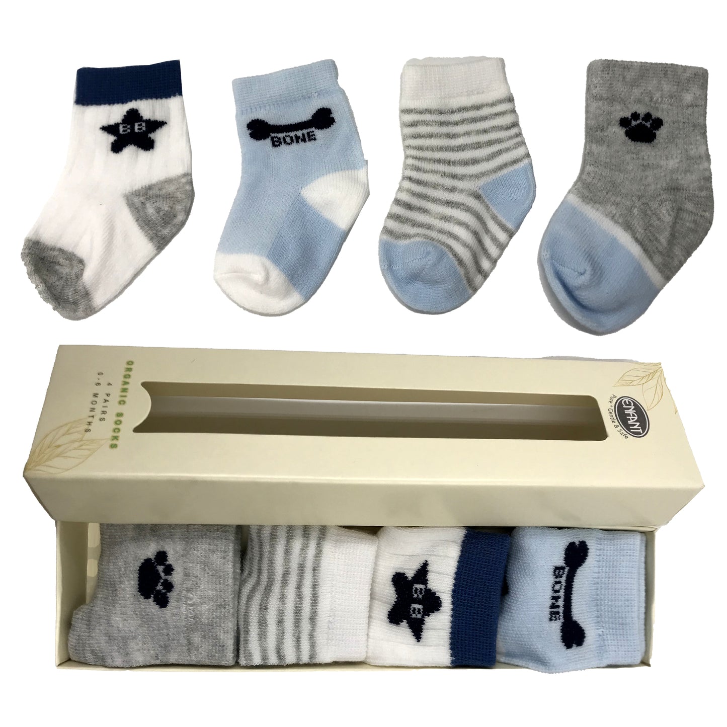 Enfant  Organic Socks Baby Boy Socks  Design for 0-6/ 6-12/ 12-18 ( 4 pairs )