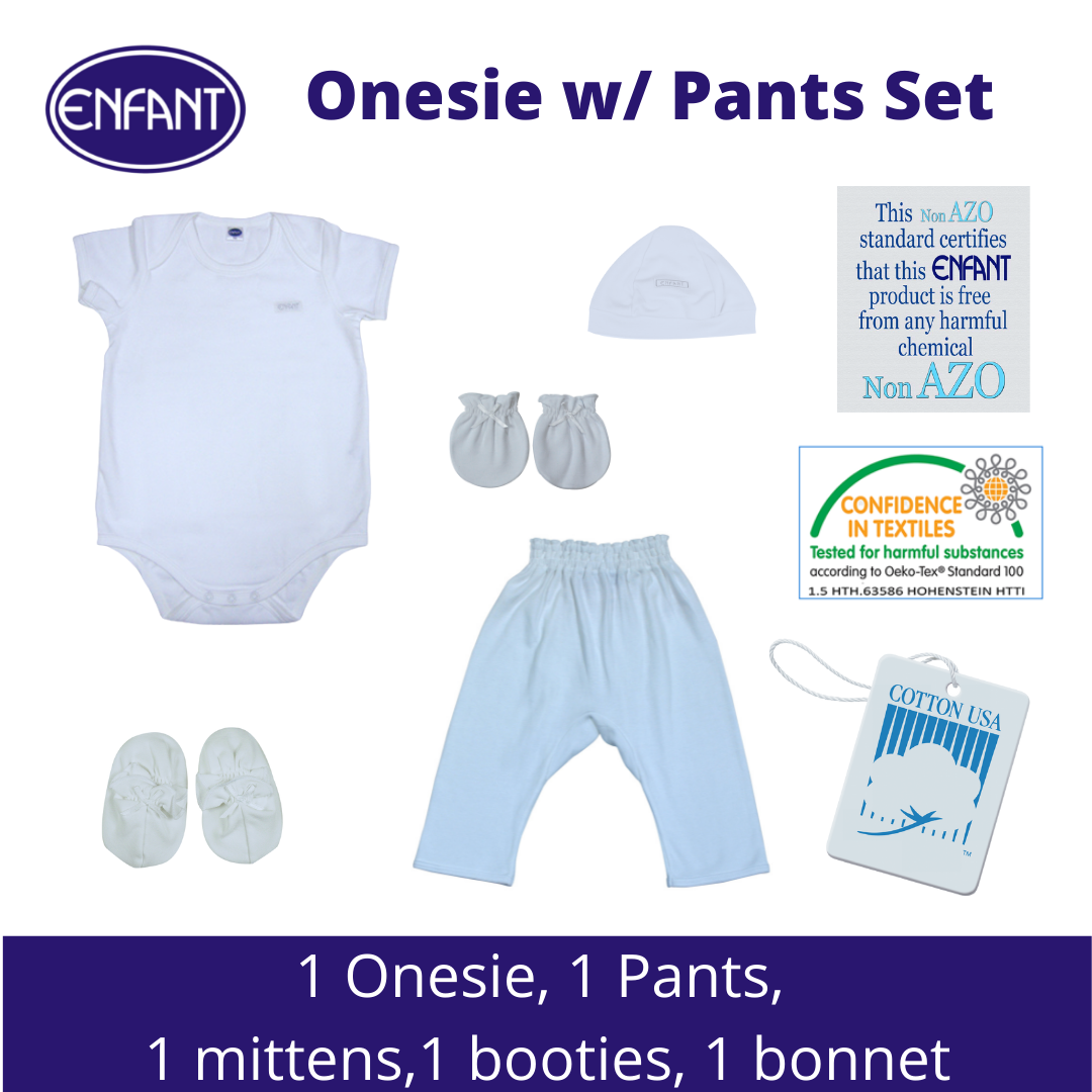 Enfant Newborn Baby Clothes Pajama Bundles Sets - Plain White, Pink, Blue (Shirts, Pants, Mittens, Booties, Bib, Bonnet)