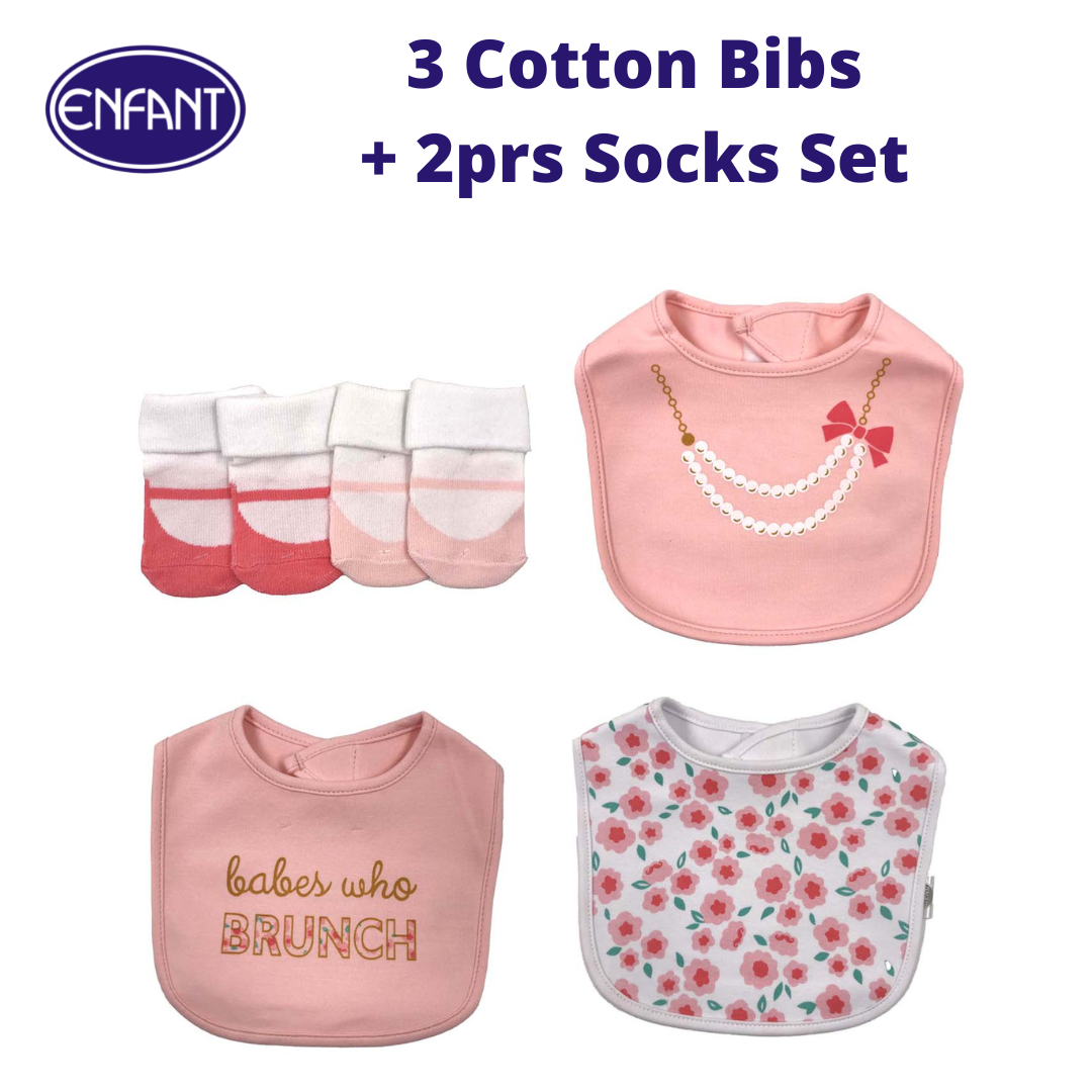 Enfant NEW Baby Newborn 3 Cotton Bibs and 2 pairs Socks Set (5 pcs set)