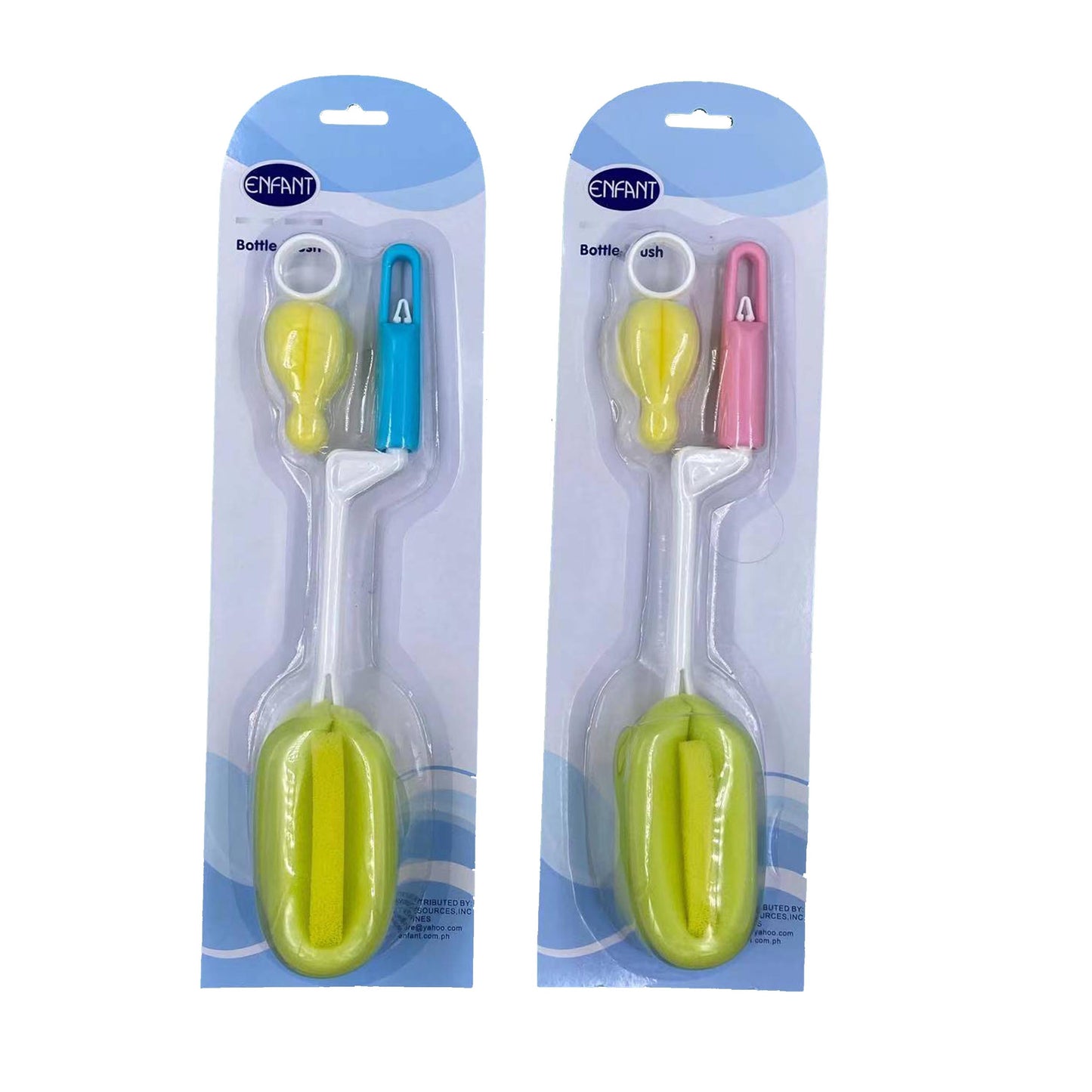 Enfant Sponge Foam Spinning Bottle Brush and Nipple Brush Cleaning Set - Blue or Pink - 30 cm long