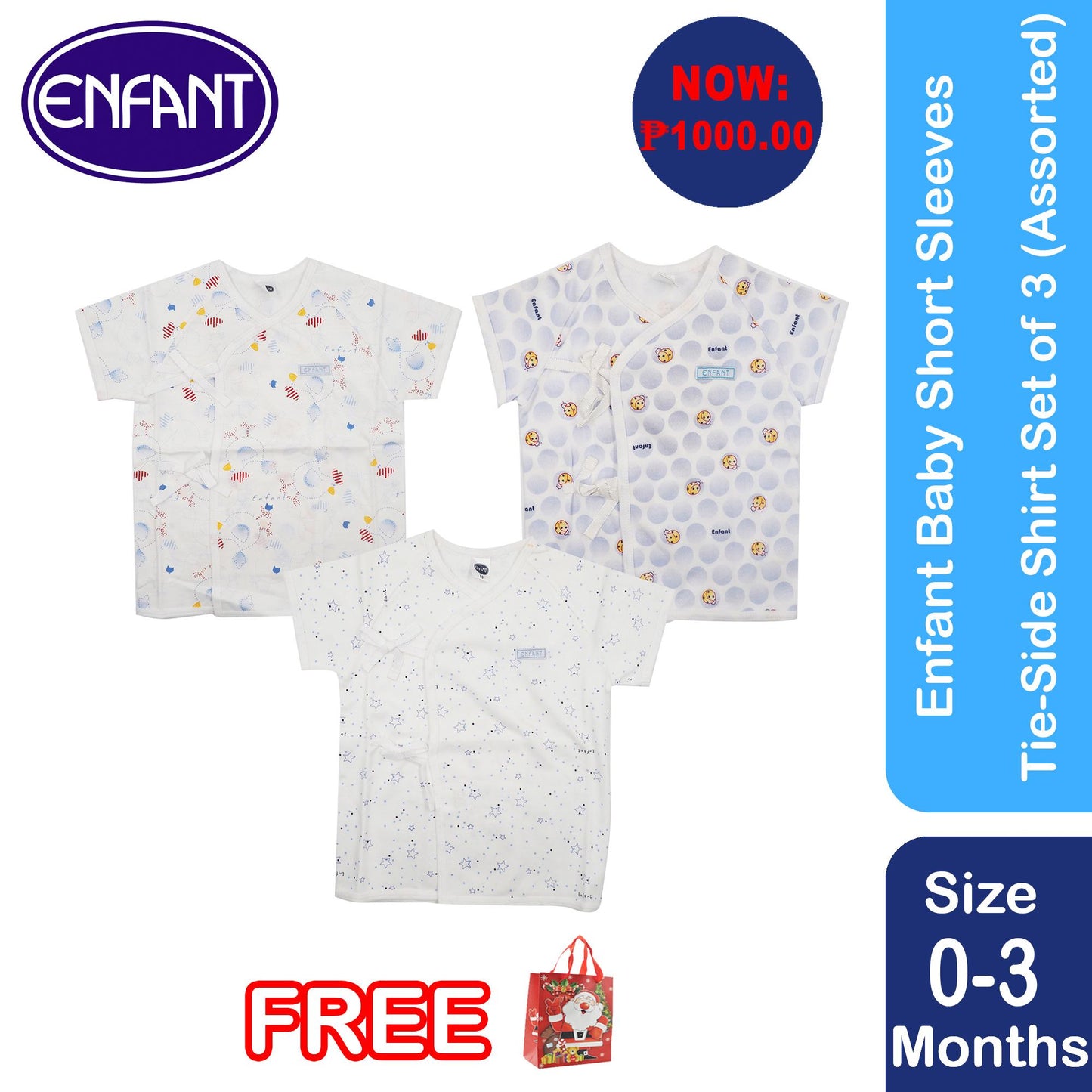 Enfant Newborn Baby Boy Top Short sleeves Tie Side Shirt Set of 3 (Assorted Design)