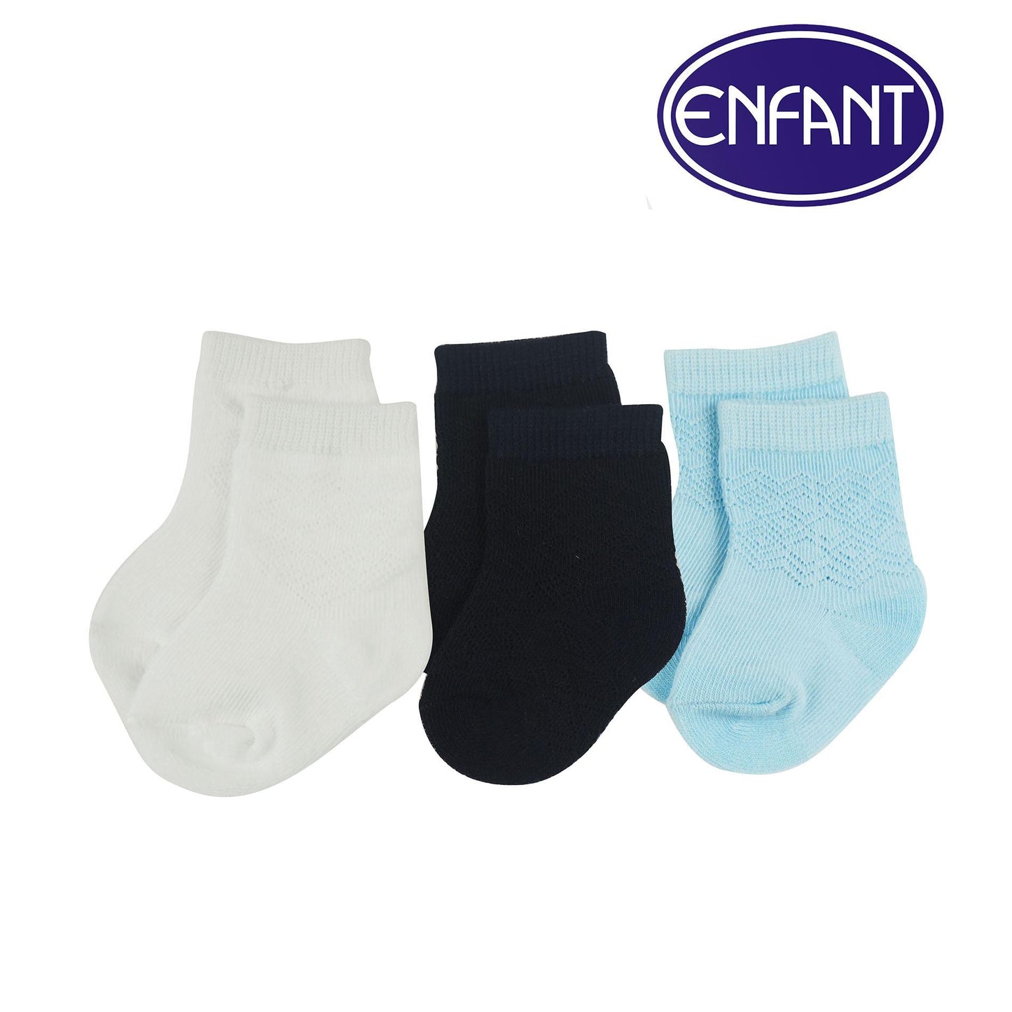 Enfant Baby Socks Solid Colors (Blue, Black & White) 0-6/6-12/12-24 months (3 PAIRS)
