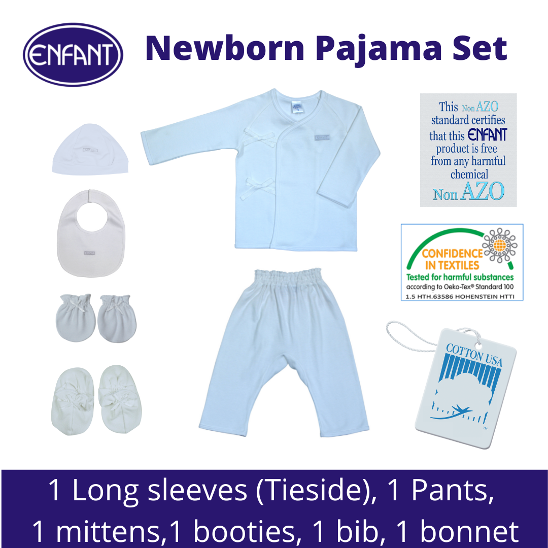 Enfant Newborn Baby Clothes Pajama Bundles Sets - Plain White, Pink, Blue (Shirts, Pants, Mittens, Booties, Bib, Bonnet)