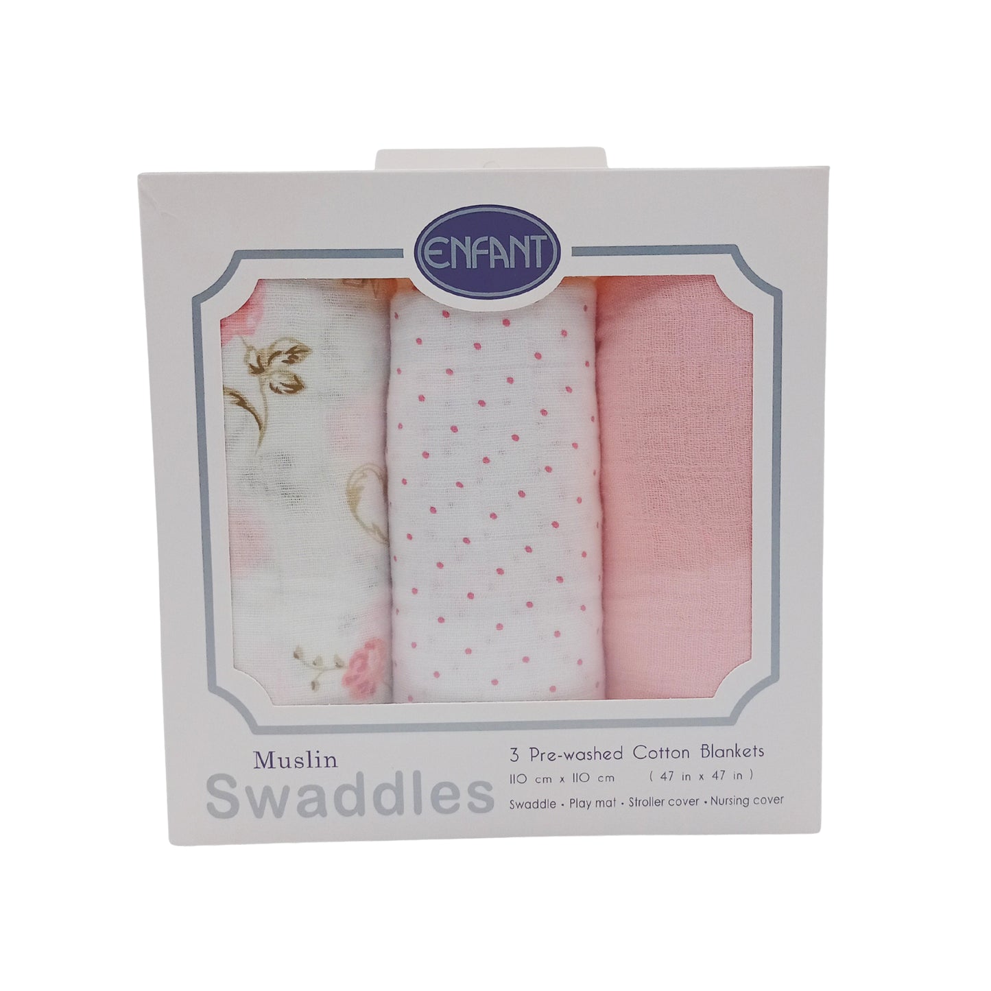 Enfant Baby Muslin Swaddle Set of 3 -Large Multipurpose Cloth and Blanket 110x110 cm