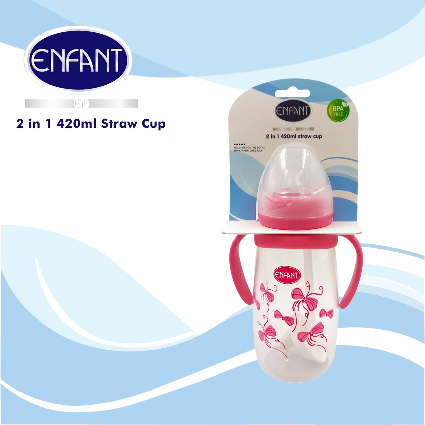 Enfant 2 in 1 420ml / 14 oz Drinking Bottle Spout + / Straw Cup With Handle (Blue/ Pink)