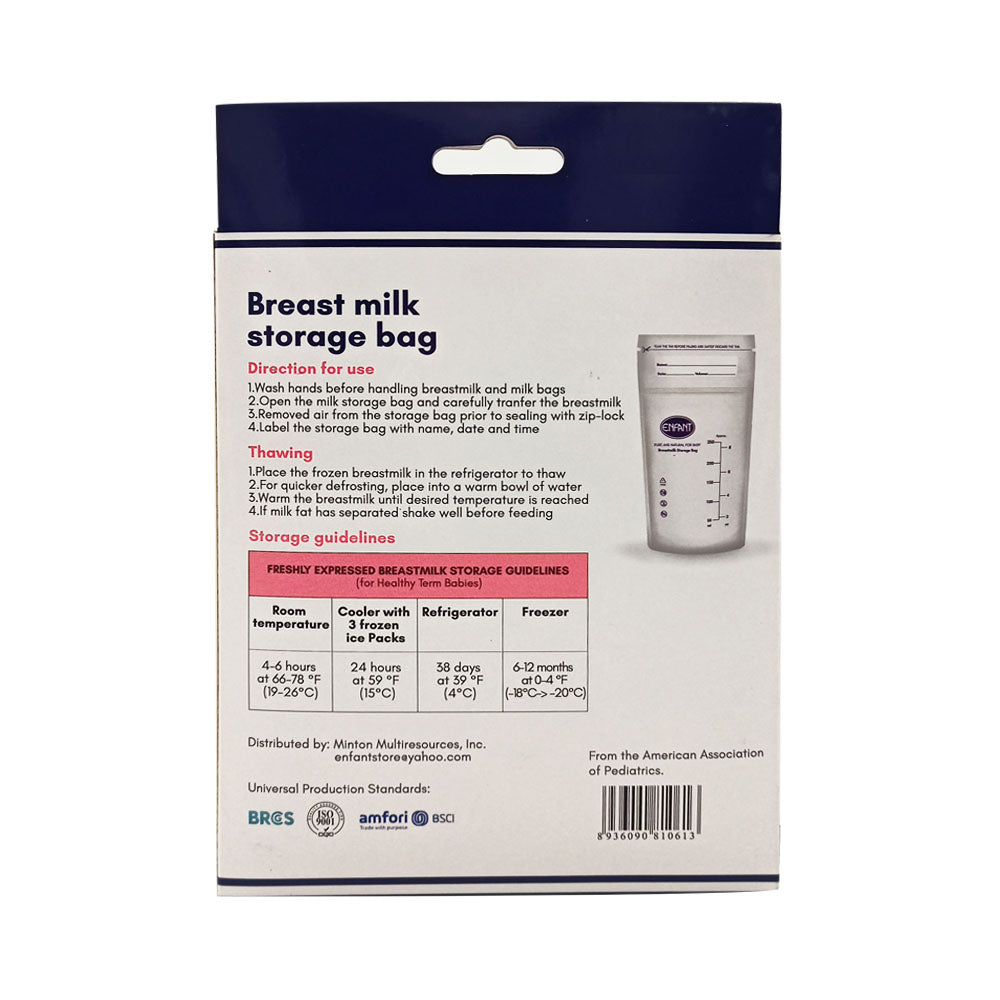 Enfant Breast milk Storage Bag Pouch 250ml / 8 oz Double Seal/ Self Standing 30 bags
