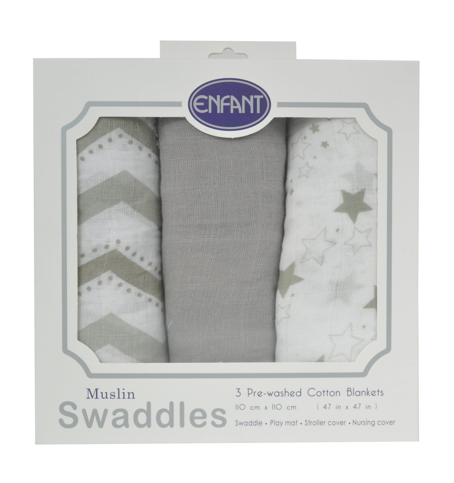 Enfant Baby Muslin Swaddle Set of 3 -Large Multipurpose Cloth and Blanket 110x110 cm