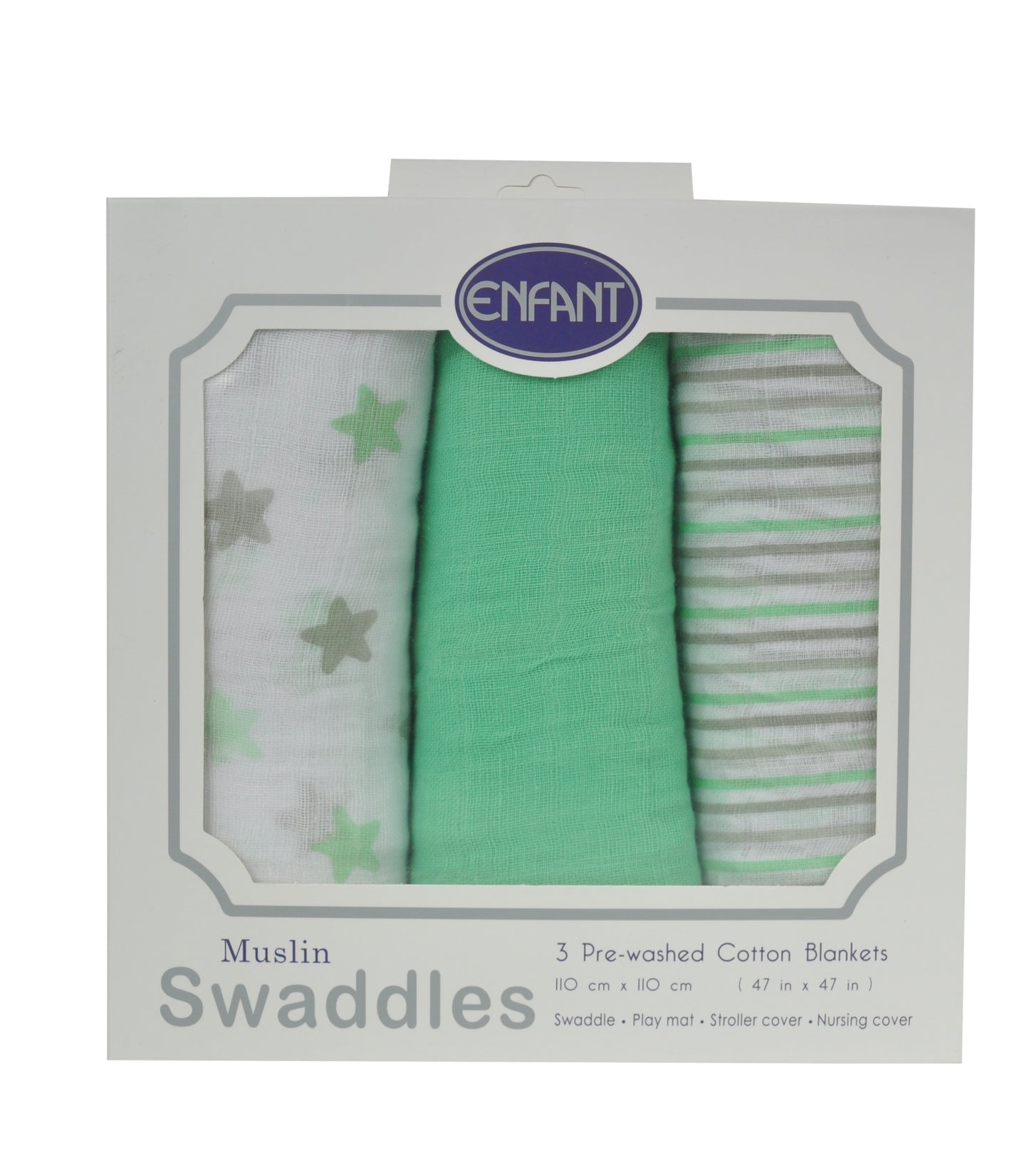 Enfant Baby Muslin Swaddle Set of 3 -Large Multipurpose Cloth and Blanket 110x110 cm