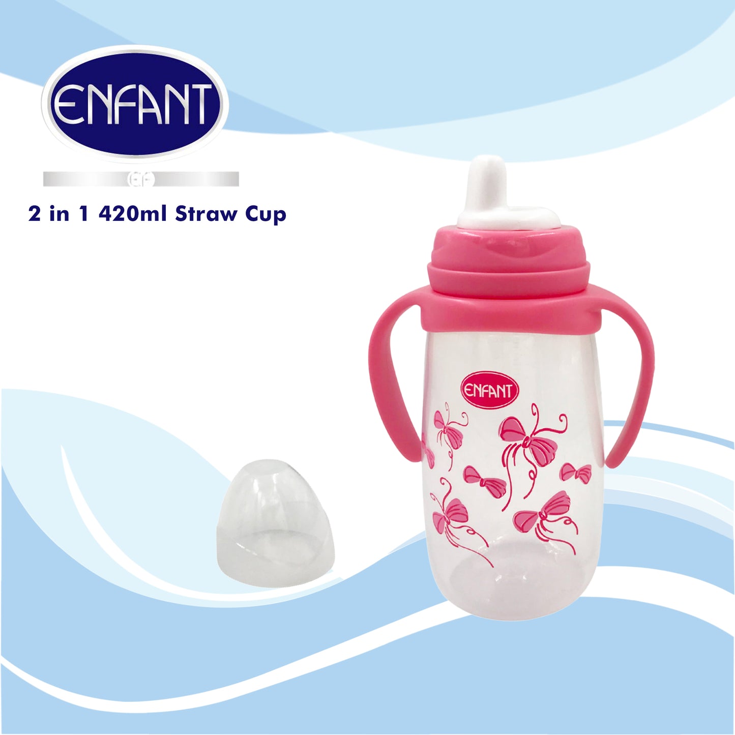 Enfant 2 in 1 420ml / 14 oz Drinking Bottle Spout + / Straw Cup With Handle (Blue/ Pink)
