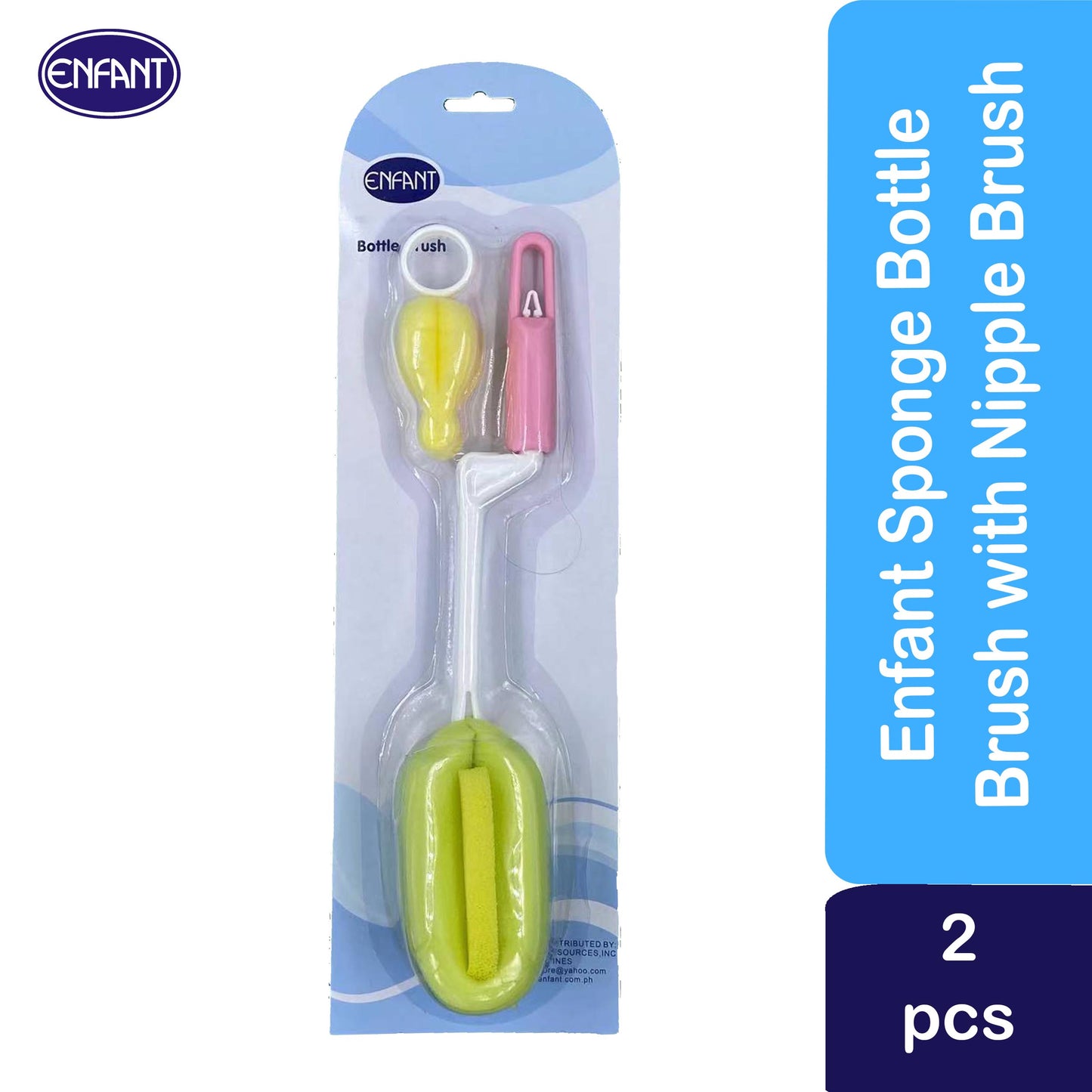 Enfant Sponge Foam Spinning Bottle Brush and Nipple Brush Cleaning Set - Blue or Pink - 30 cm long