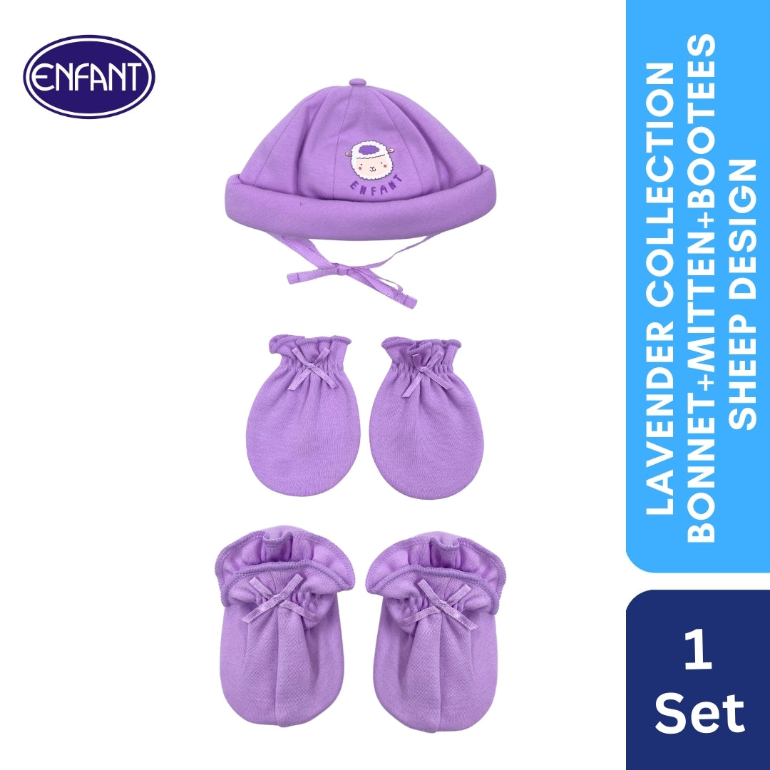 Lavender Collection Set of Bonnet+ Mitten+ Booties With Sheep Design