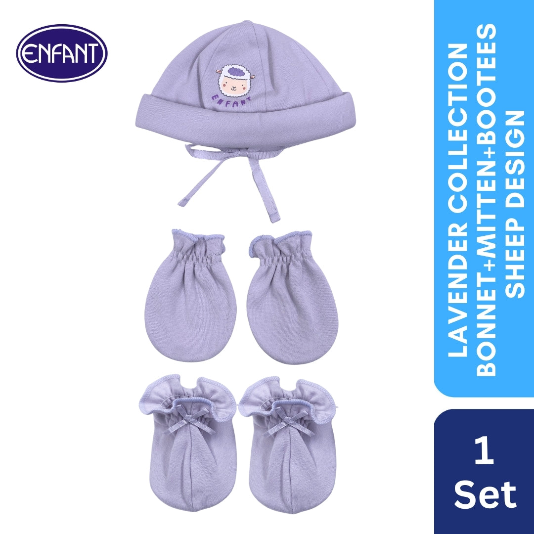 Lavender Collection Set of Bonnet+ Mitten+ Booties With Sheep Design