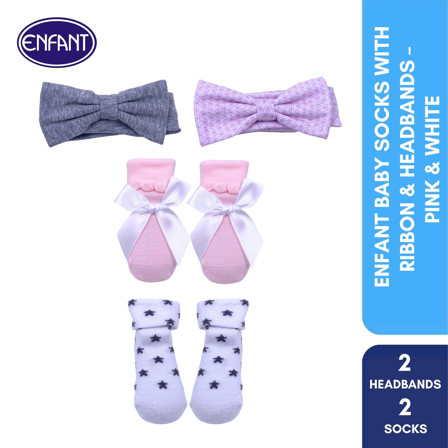 Enfant Baby Socks with Ribbon & Headbands – Pink & White