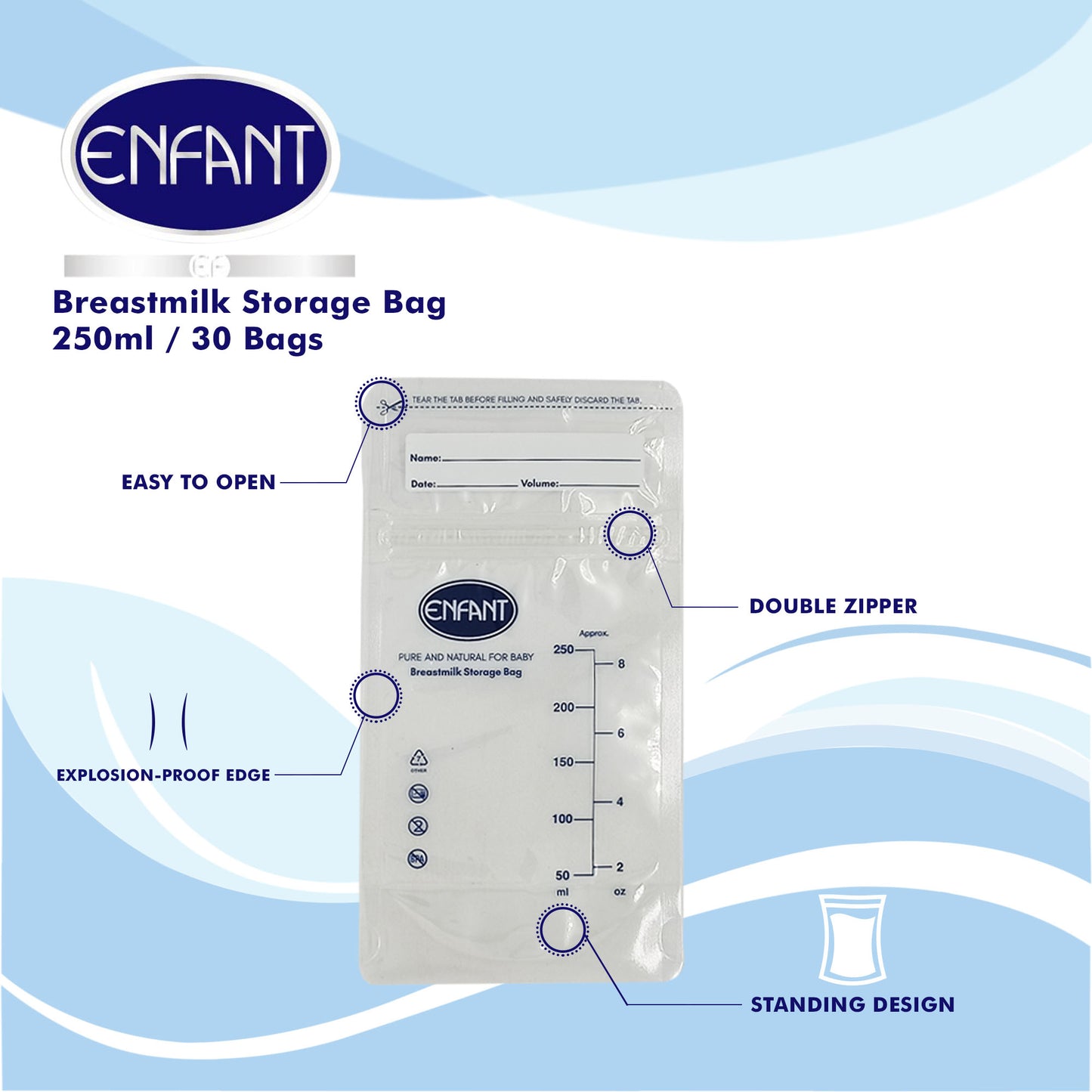 Enfant Breast milk Storage Bag Pouch 250ml / 8 oz Double Seal/ Self Standing 30 bags