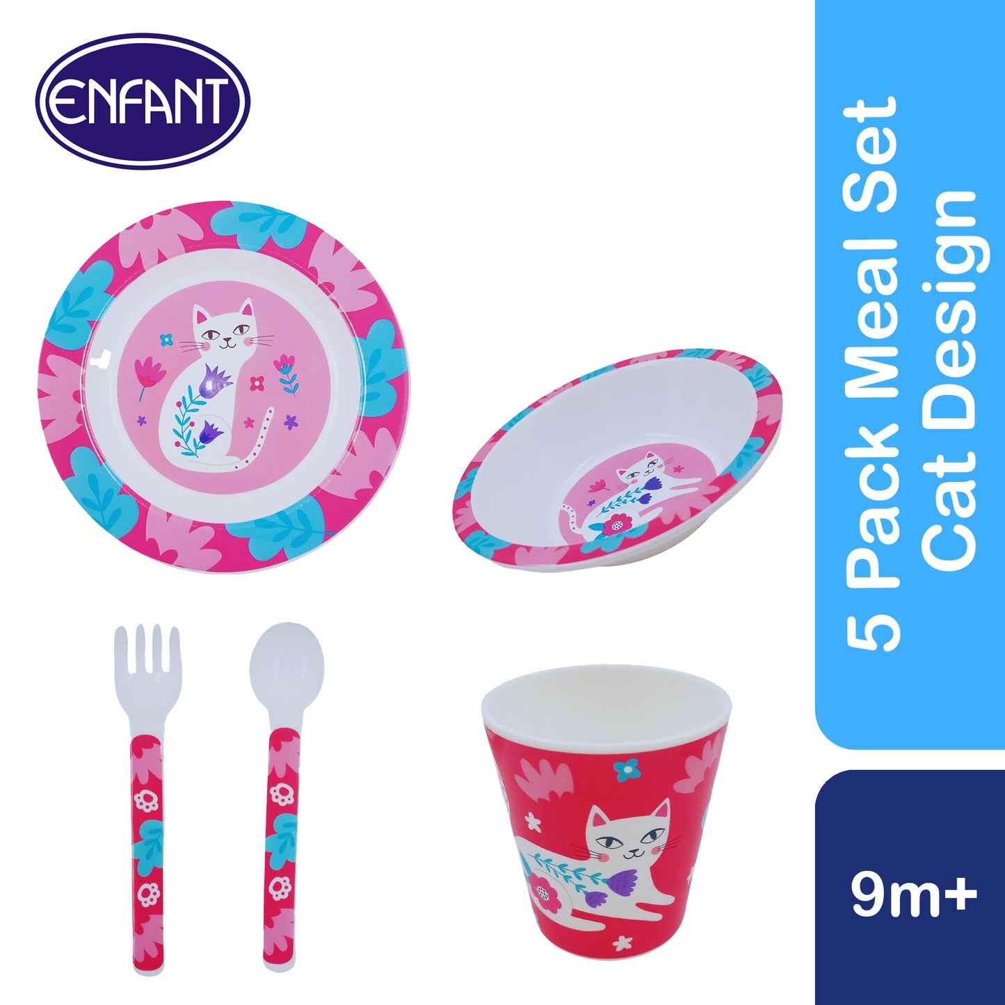 ENFANT BABY MEAL TIME FEEDING SET - toddler spoon, fork, plate, bowl, cup set. Perfect for Gift