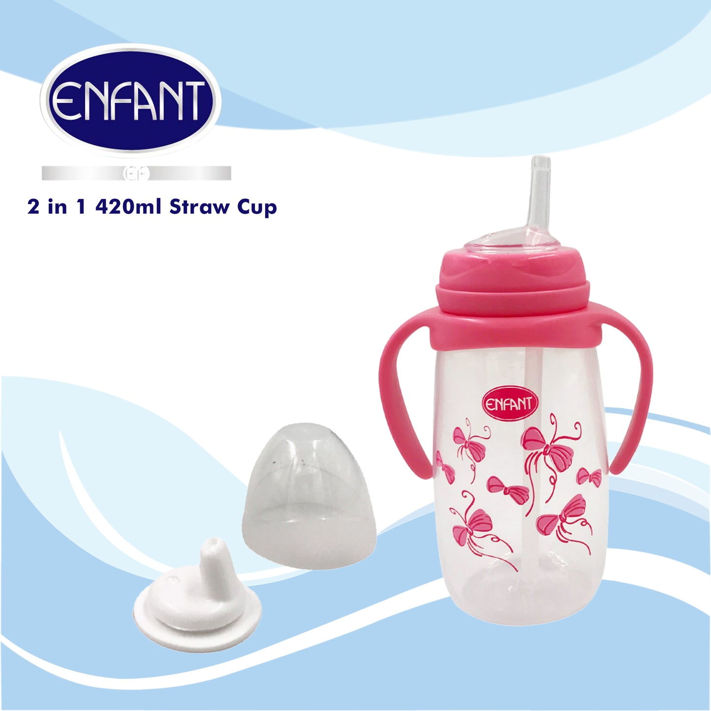 Enfant 2 in 1 420ml / 14 oz Drinking Bottle Spout + / Straw Cup With Handle (Blue/ Pink)