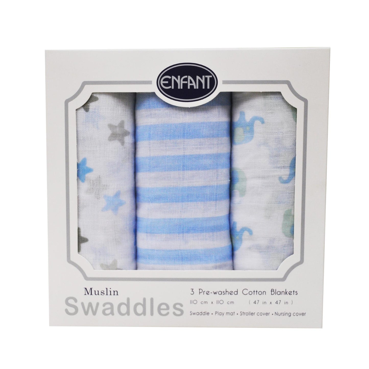 Enfant Baby Muslin Swaddle set of 3 - Multipurpose Cloth 110x110 Blue