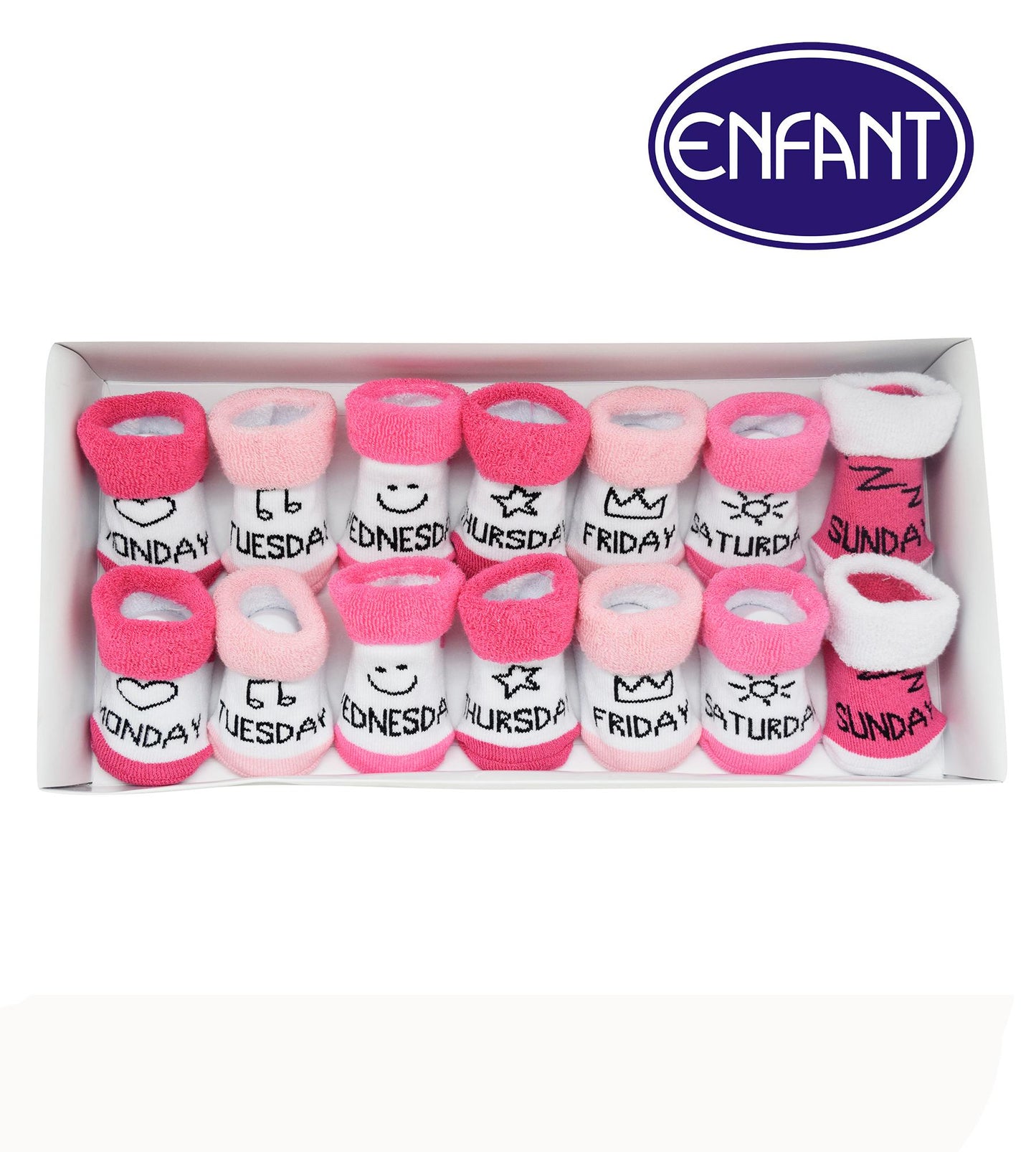 Enfant 1 week Baby Girl Socks Gift Set  7 Pairs (6-12) Pink Monday to Sunday