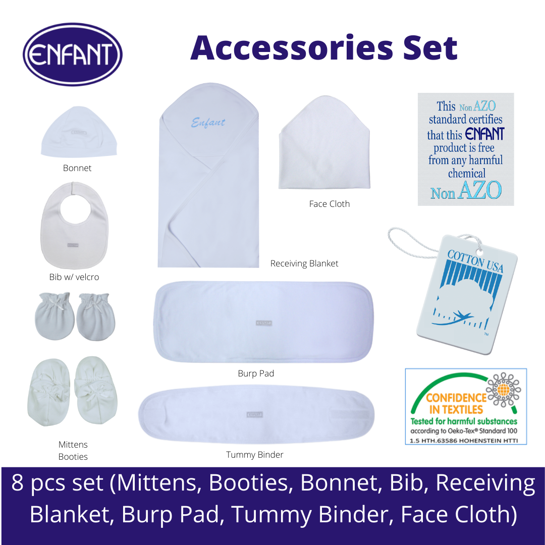 Enfant Complete Newborn Accessories Set Basic White - 8 pcs set (Mittens, Booties, Bonnet, Bib, Receiving Blanket, Burp Pad, Tummy Binder, Face Cloth)