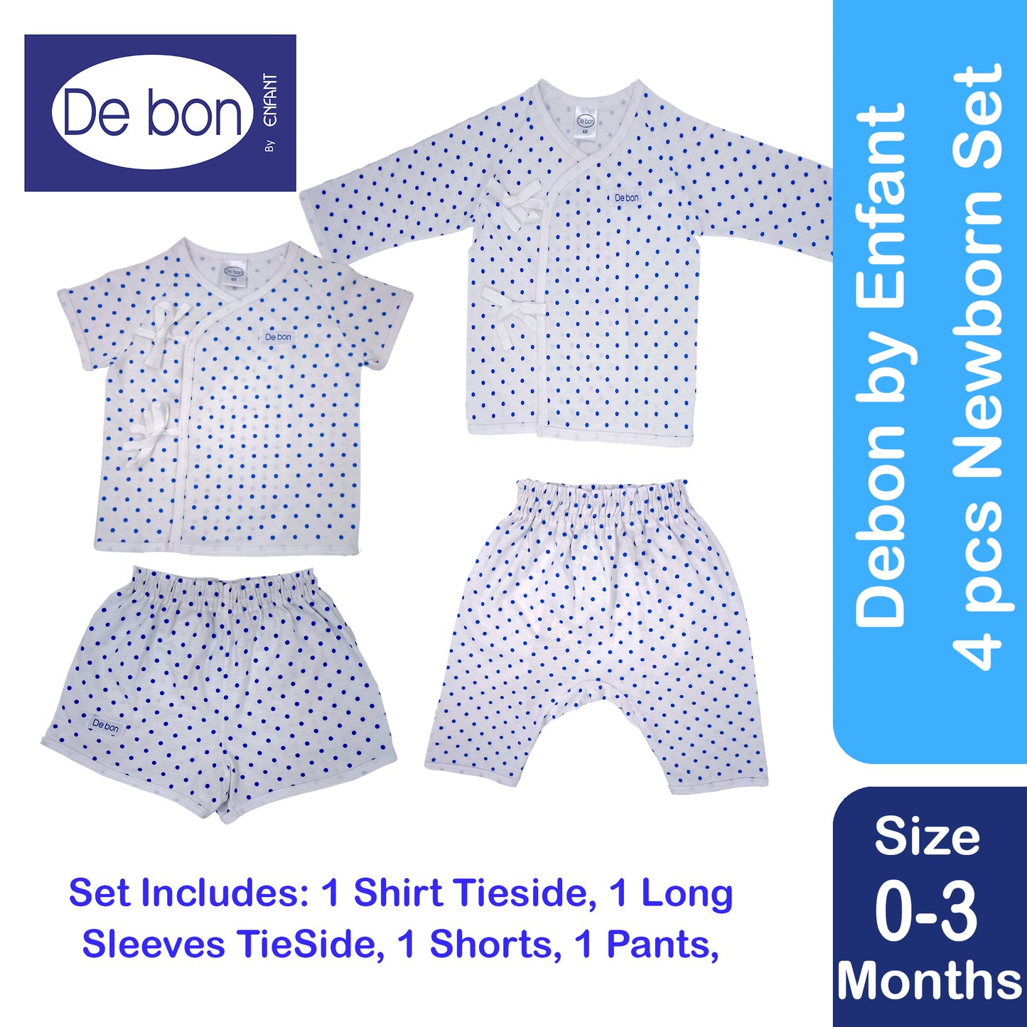 Debon By Enfant Newborn baby upto 1 year Old Baby Clothes Set 4 pcs - tieside shirt, tideside longsleeves, shorts, pants
