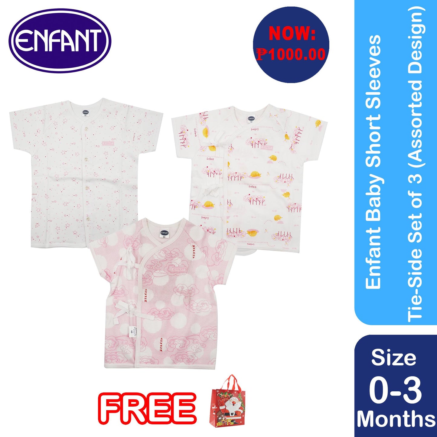 Enfant Baby Girl Top Shortsleeves Tie Side Shirt Set of 3 (Assorted Design)
