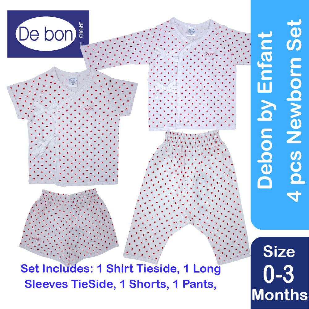 Debon By Enfant Newborn baby upto 1 year Old Baby Clothes Set 4 pcs - tieside shirt, tideside longsleeves, shorts, pants