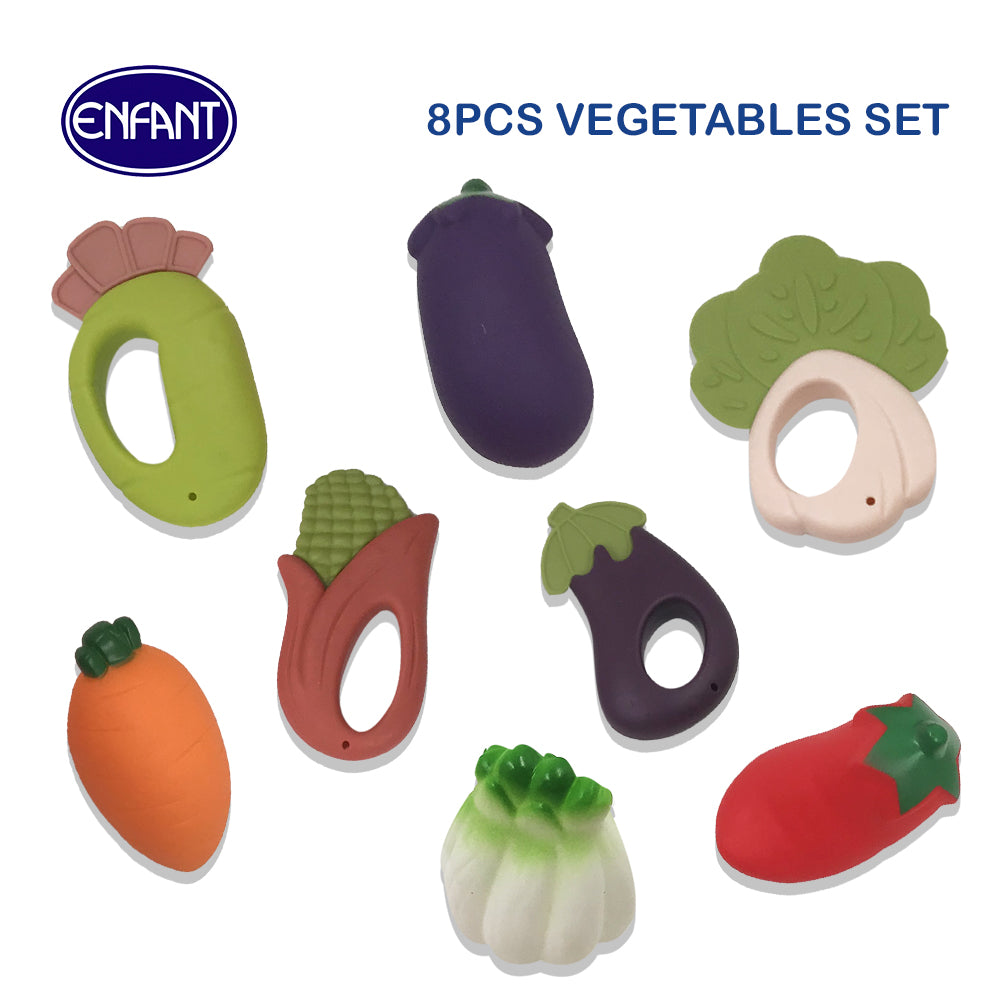 Enfant 8 Pcs Baby teether Fruits and Vegetables Squeaky Plastic bath toy Play set