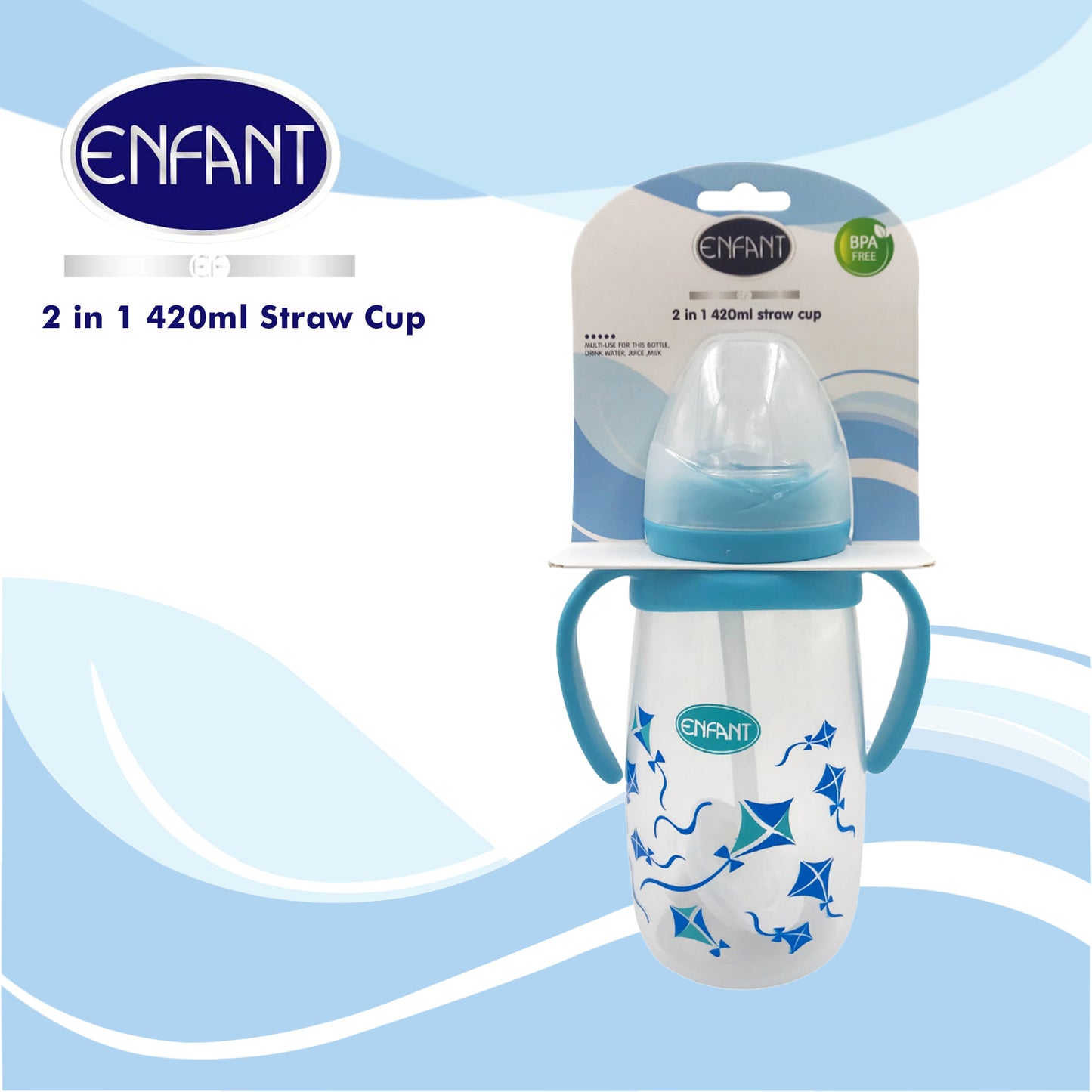 Enfant 2 in 1 420ml / 14 oz Drinking Bottle Spout + / Straw Cup With Handle  (Blue/ Pink)