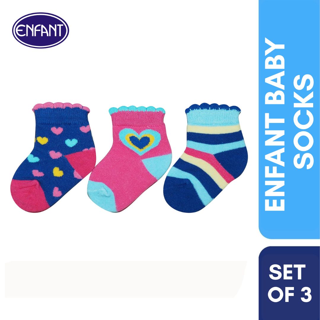 Enfant Baby Girl Socks With cute Shape Design Set of 3 (blue,pink, stripe)