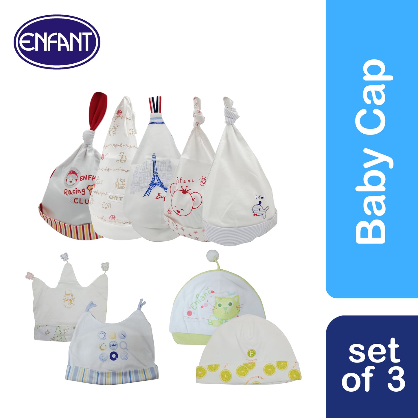 Enfant  Newborn Baby Caps Pack of 3 (assorted design)