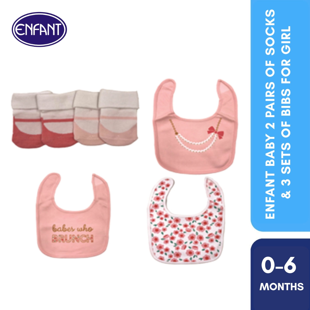 Enfant NEW Baby Newborn 3 Cotton Bibs and 2 pairs Socks Set  (5 pcs set)