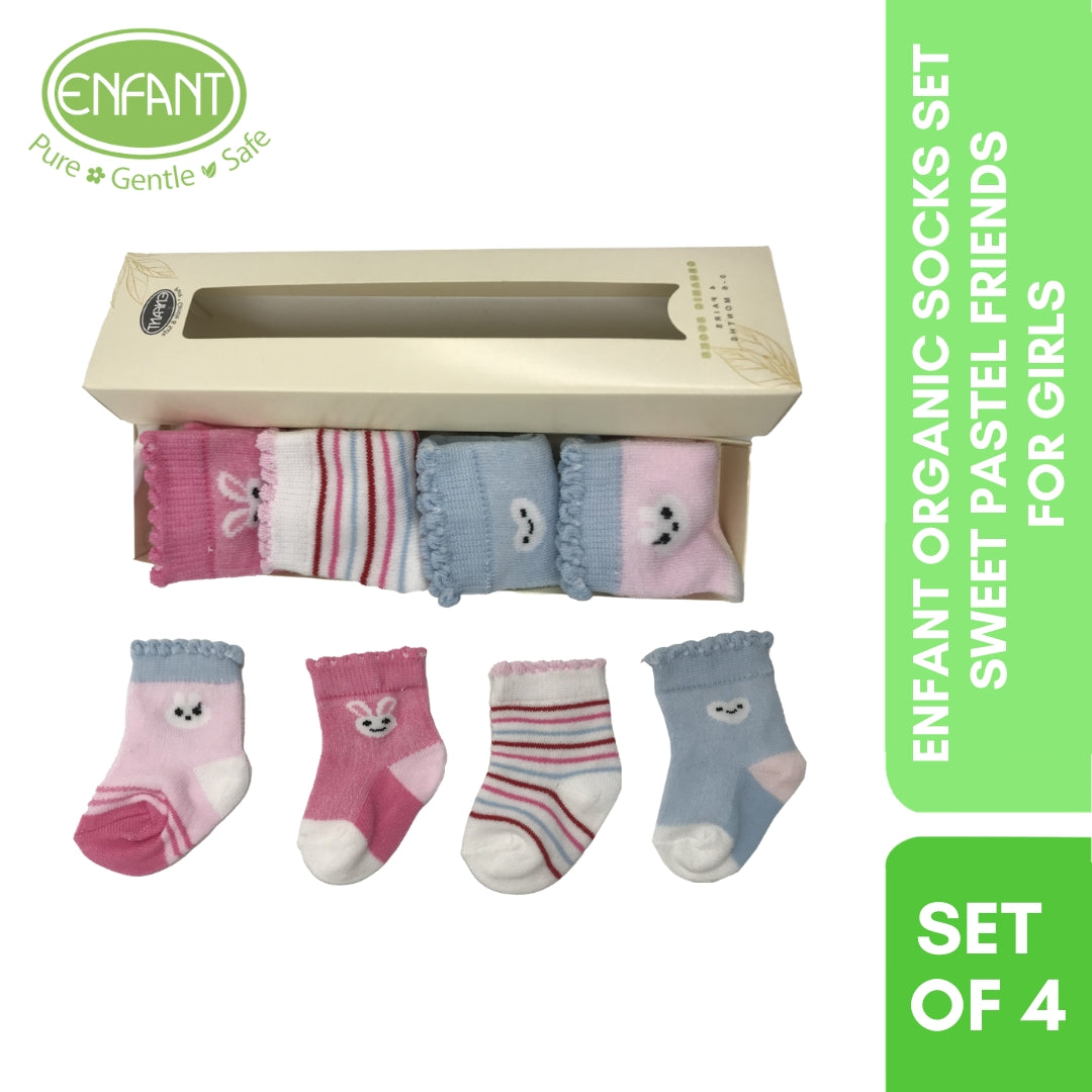 Enfant Organic Socks Baby Socks Pink Rabbit Design For 0-6 months ( 4 pairs )