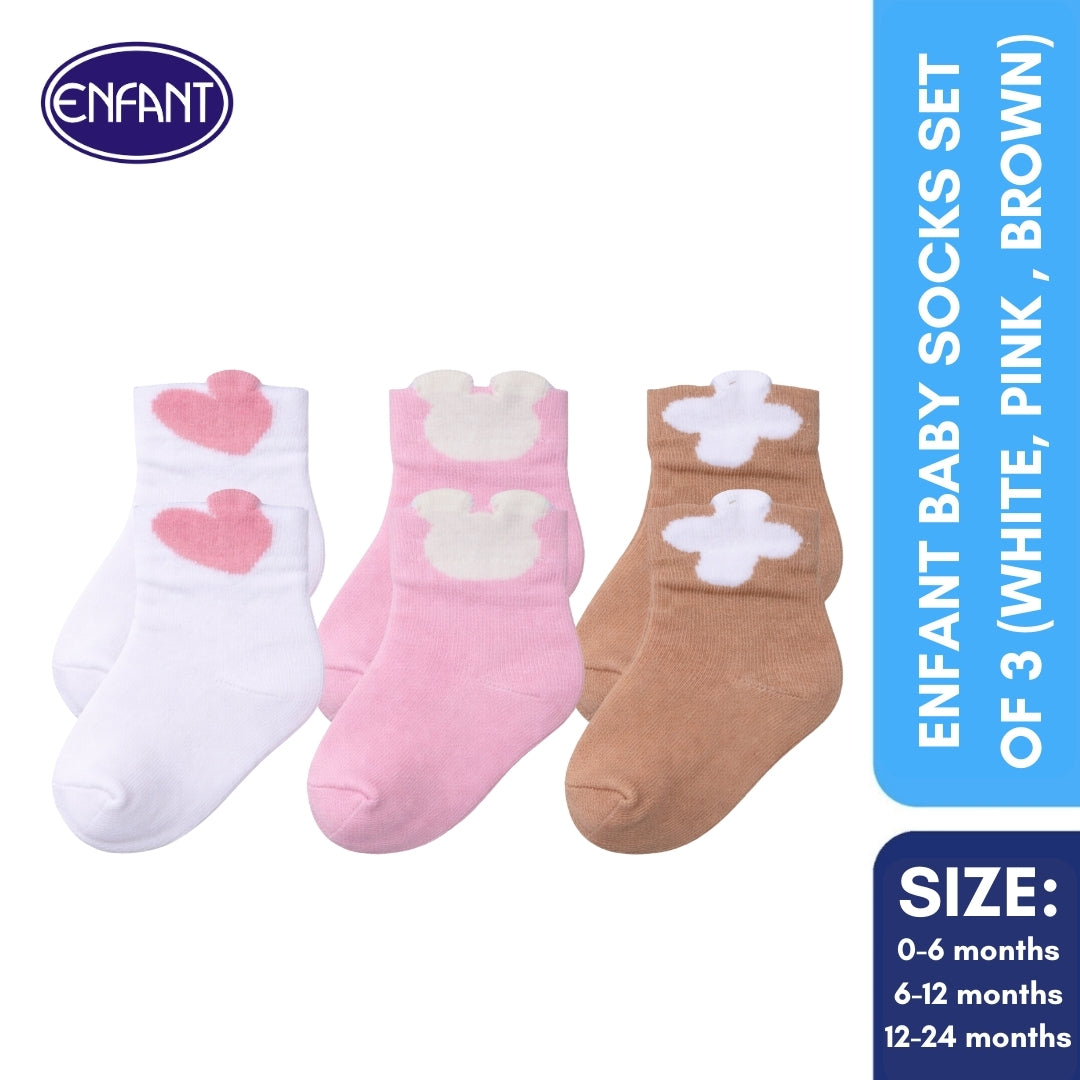 Enfant Baby Socks Set of 3 (white, pink , brown)