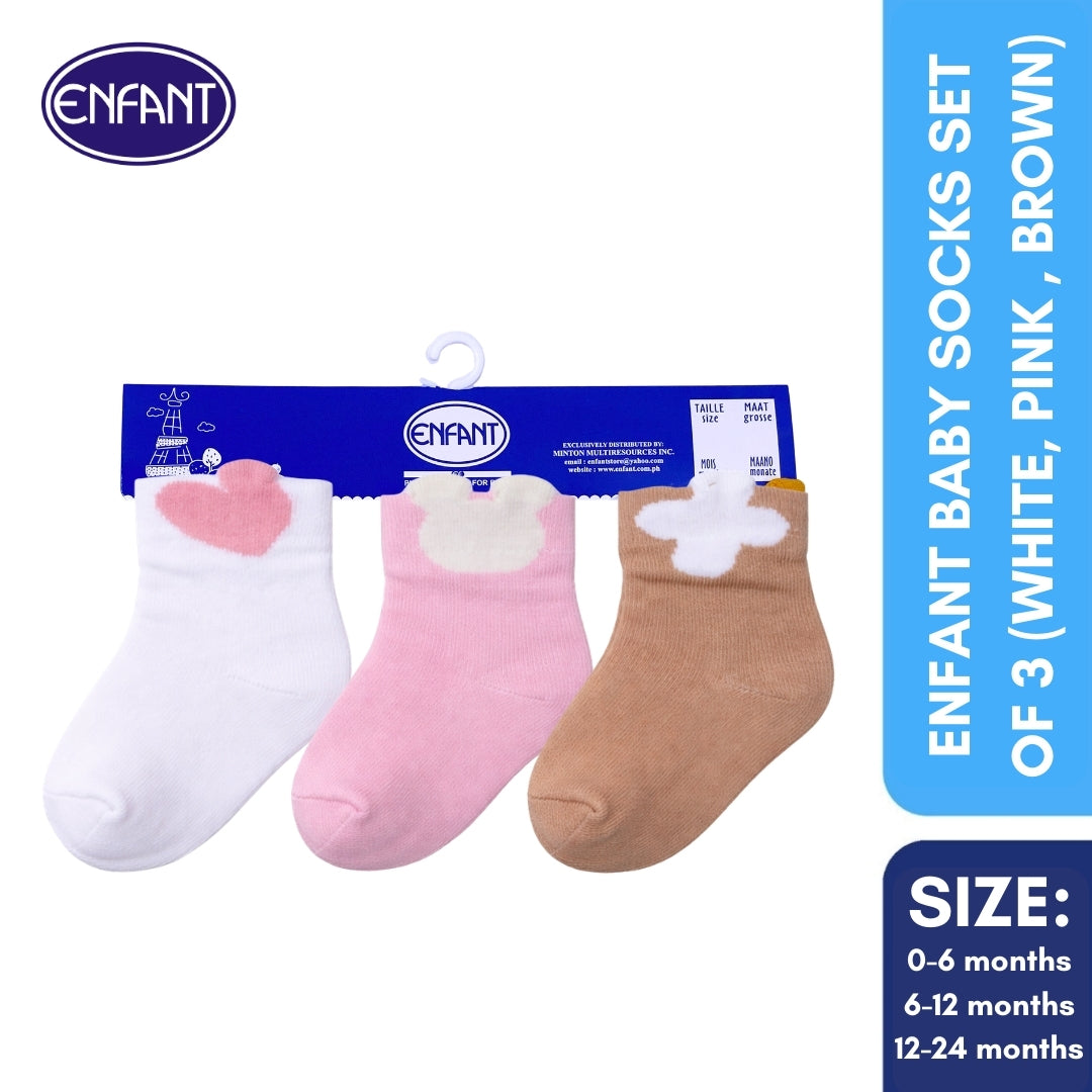 Enfant Baby Socks Set of 3 (white, pink , brown)