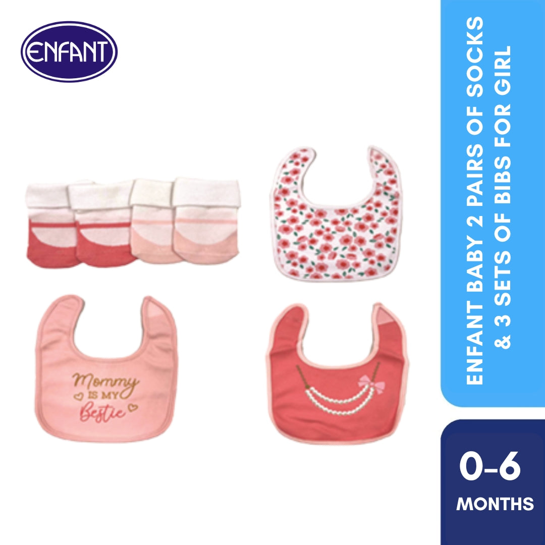 Enfant NEW Baby Newborn 3 Cotton Bibs and 2 pairs Socks Set  (5 pcs set)
