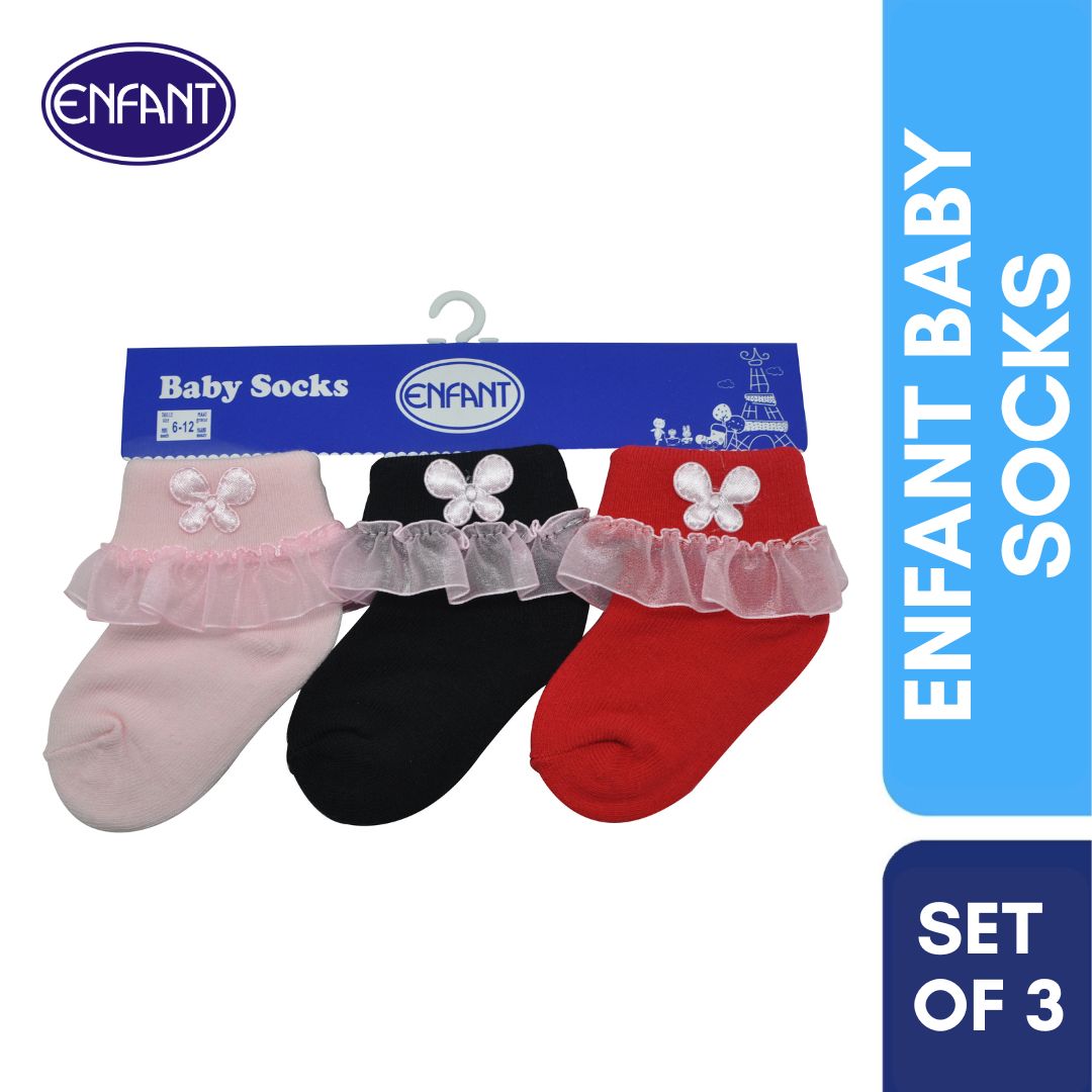 Enfant Baby Girl Socks (Red/Black/Pink) Set of 3