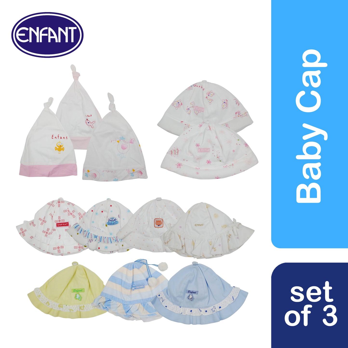 Enfant  Newborn Baby Caps Pack of 3 (assorted design)