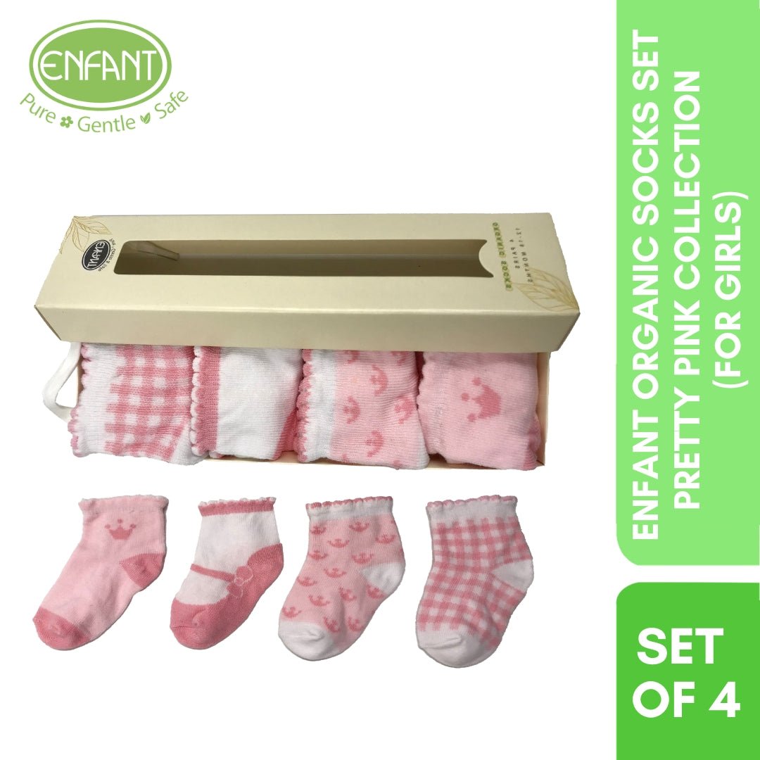 Enfant ORGANIC COTTON Socks Baby Socks Crown Design Girl sock for 0-6/ 6-12/ 12-18 mos ( 4 pairs )