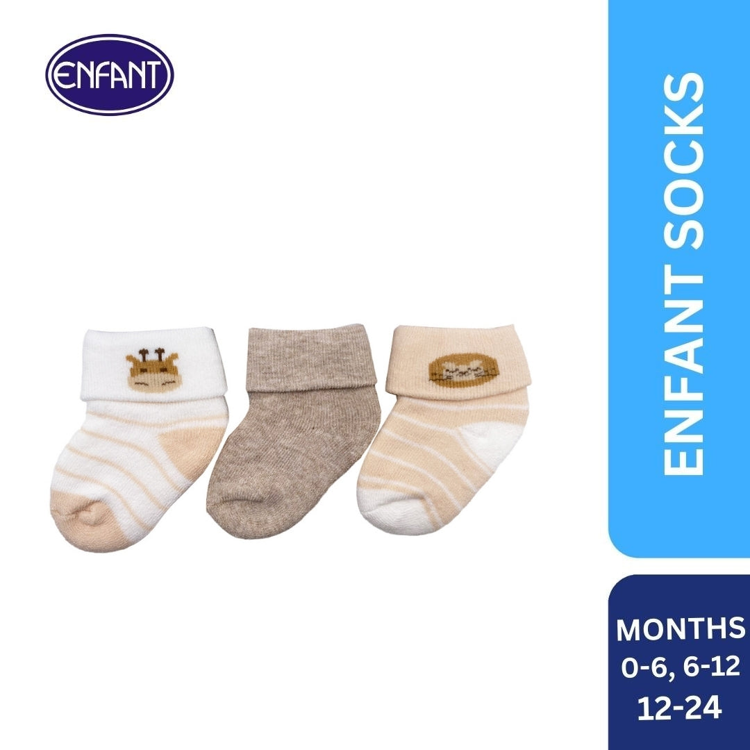 enfant baby boys socks with giraffe and lionen for 0-6/6-12/12-24 (3 pairs)