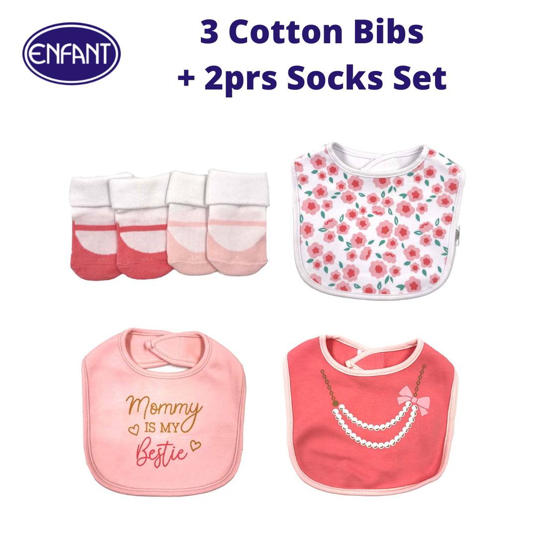 Enfant NEW Baby Newborn 3 Cotton Bibs and 2 pairs Socks Set  (5 pcs set)